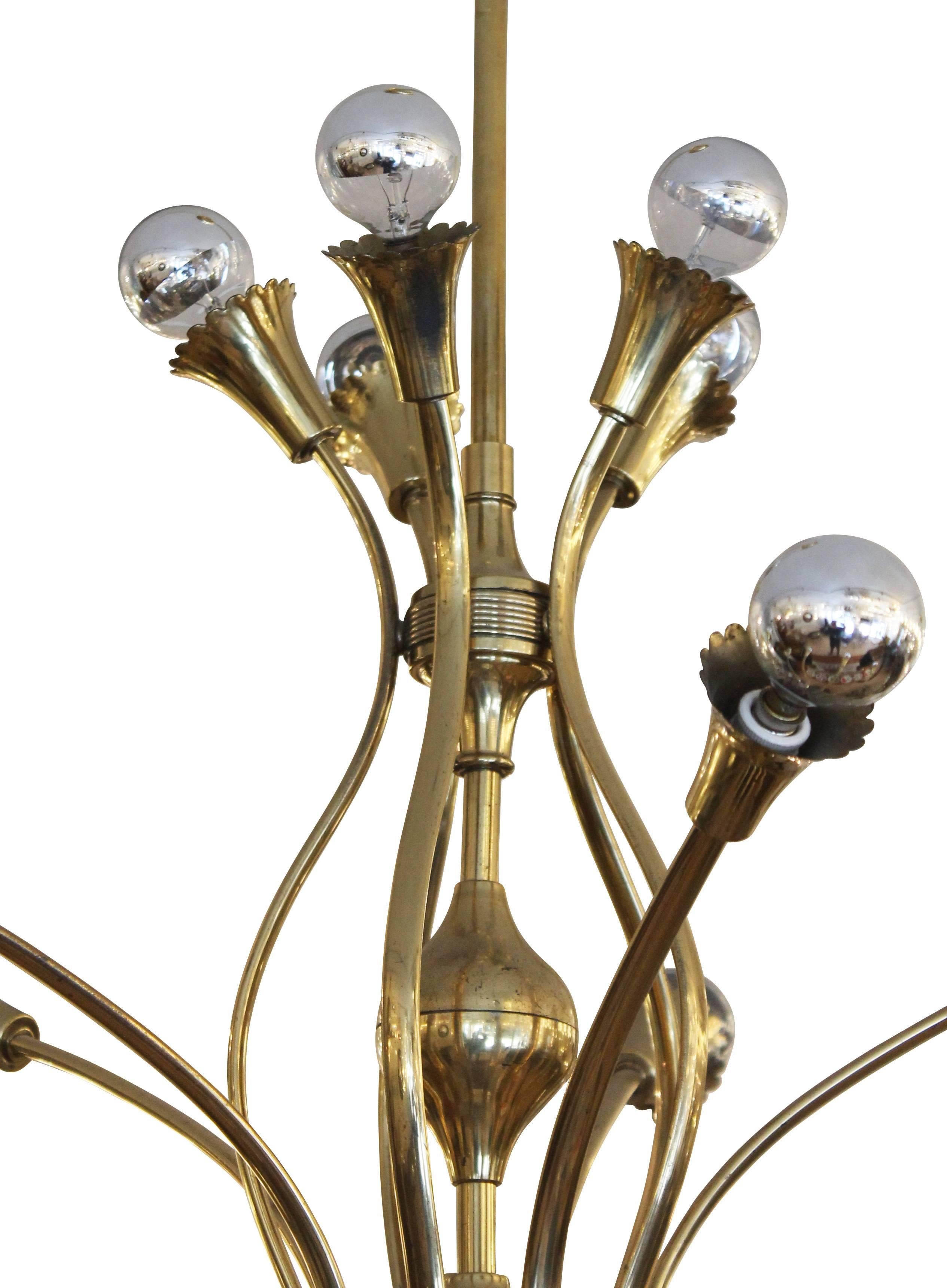 Italian Large Floral Themed Brass Chandelier, Italy, 1950s