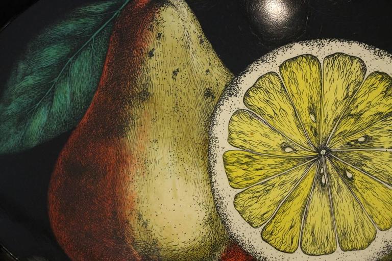 Pear and lemon motif tray by Piero Fornasetti. Produced in the mid-1950s as per the Fornasetti catalog. Original label on the back. Ideal as a kitchen or dining area decoration.