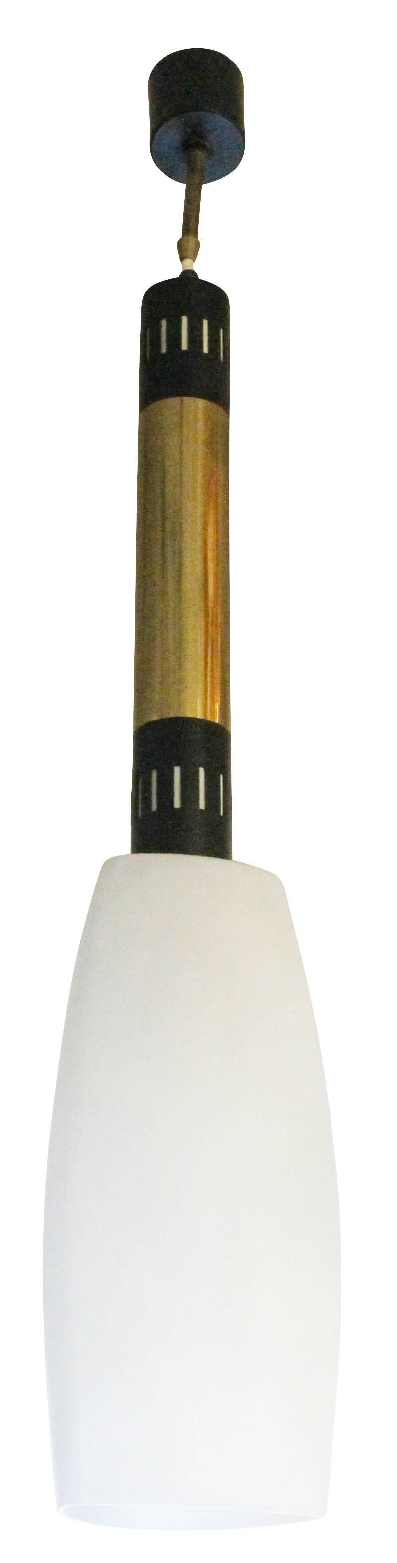 Single Stilnovo pendant with a triangular frosted glass shade and black and brass body. Height can be easily adjusted by lengthening or shortening the electrical wire. Holds one regular socket.
