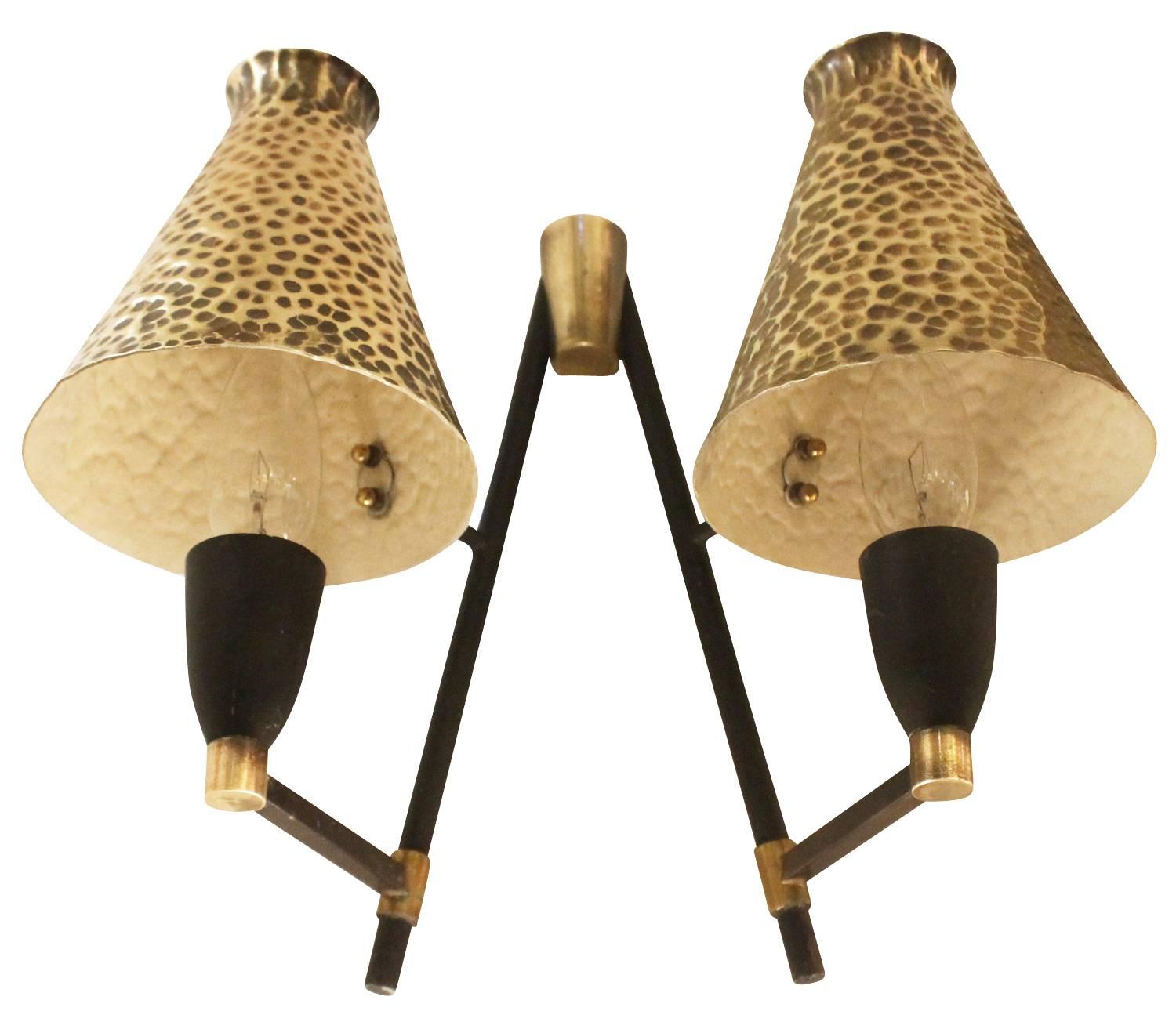 Pair of Hammered Brass Italian Sconces In Excellent Condition In New York, NY