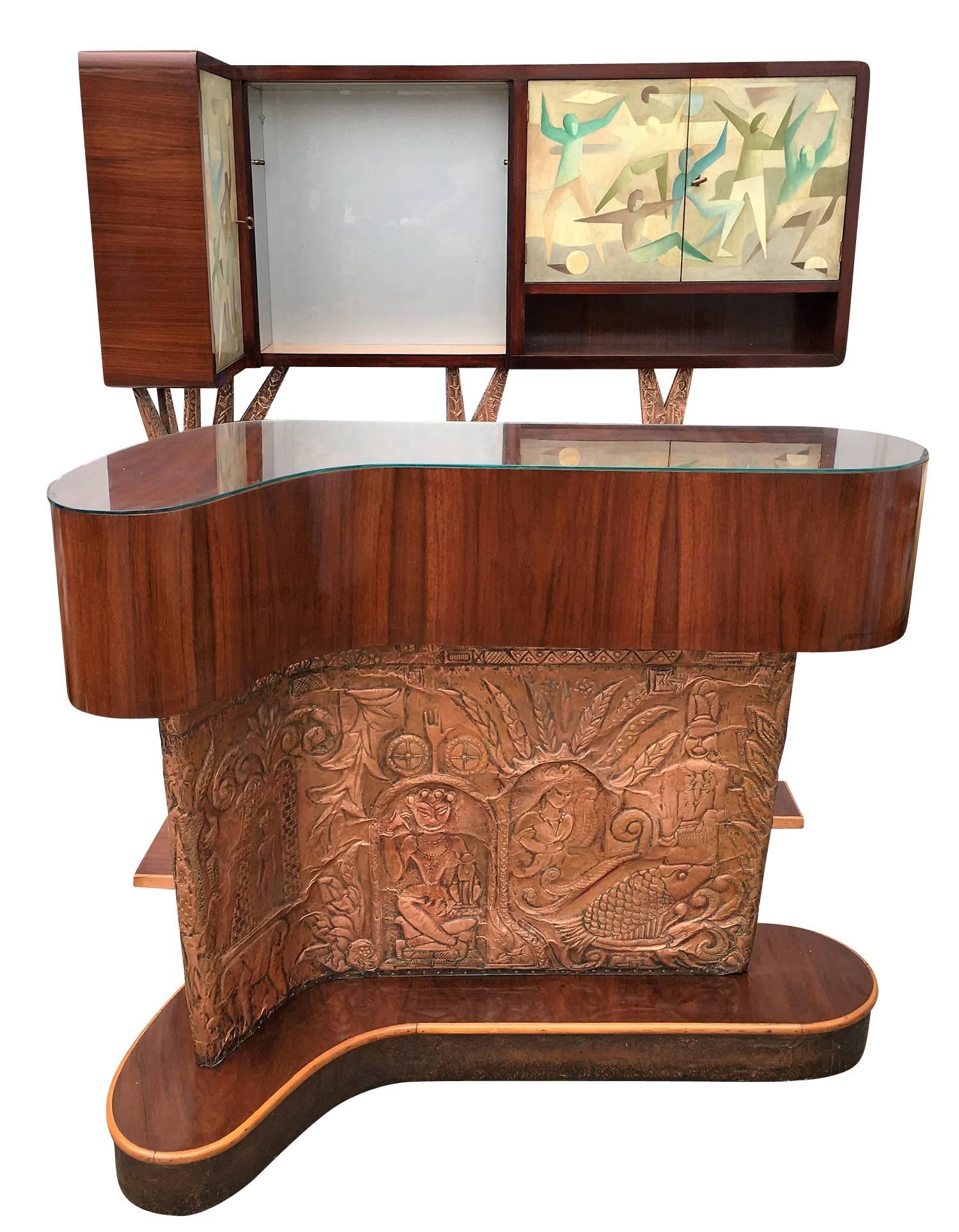 Extraordinary Mid-Century dry bar with counter and back cabinet. The counter has a beautifully decorated embossed copper panel with a tribal motif that goes all the way around. The upper section is wood with an opening on one end and glass top. The