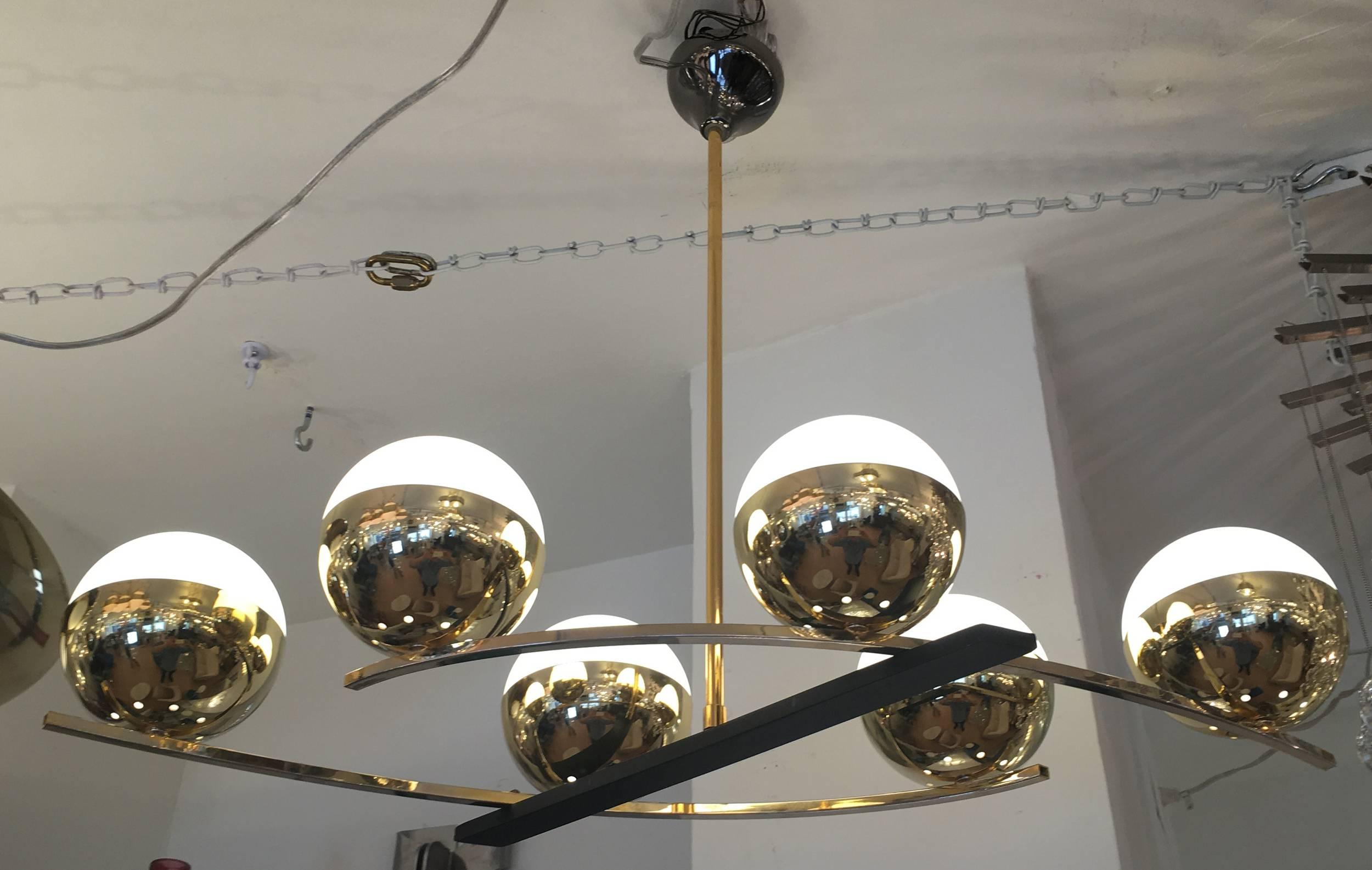 Brass Elegant French Mid-Century Chandelier with Six Globes