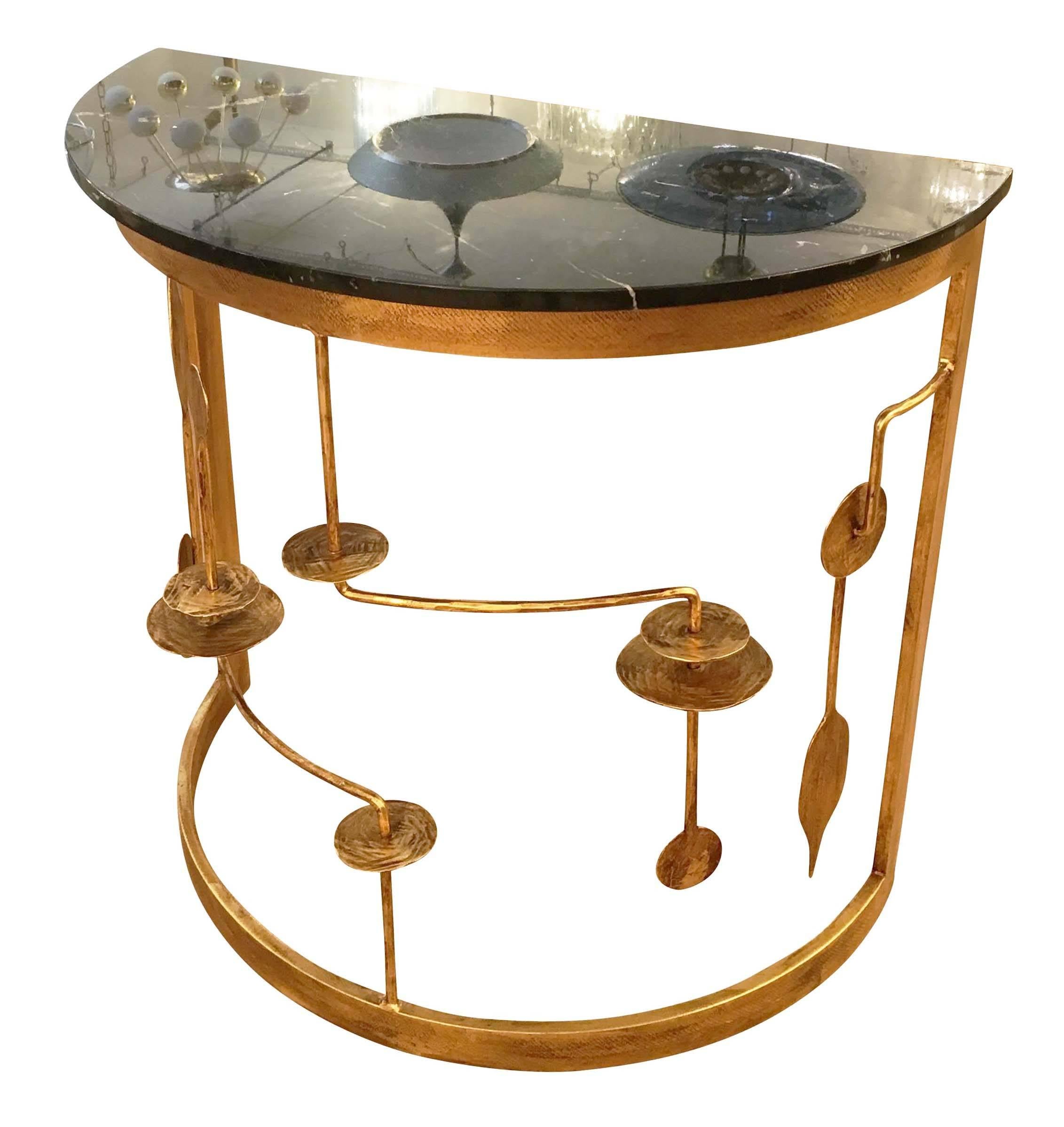 Modern Pair of Gilded Demilune Consoles by Banci