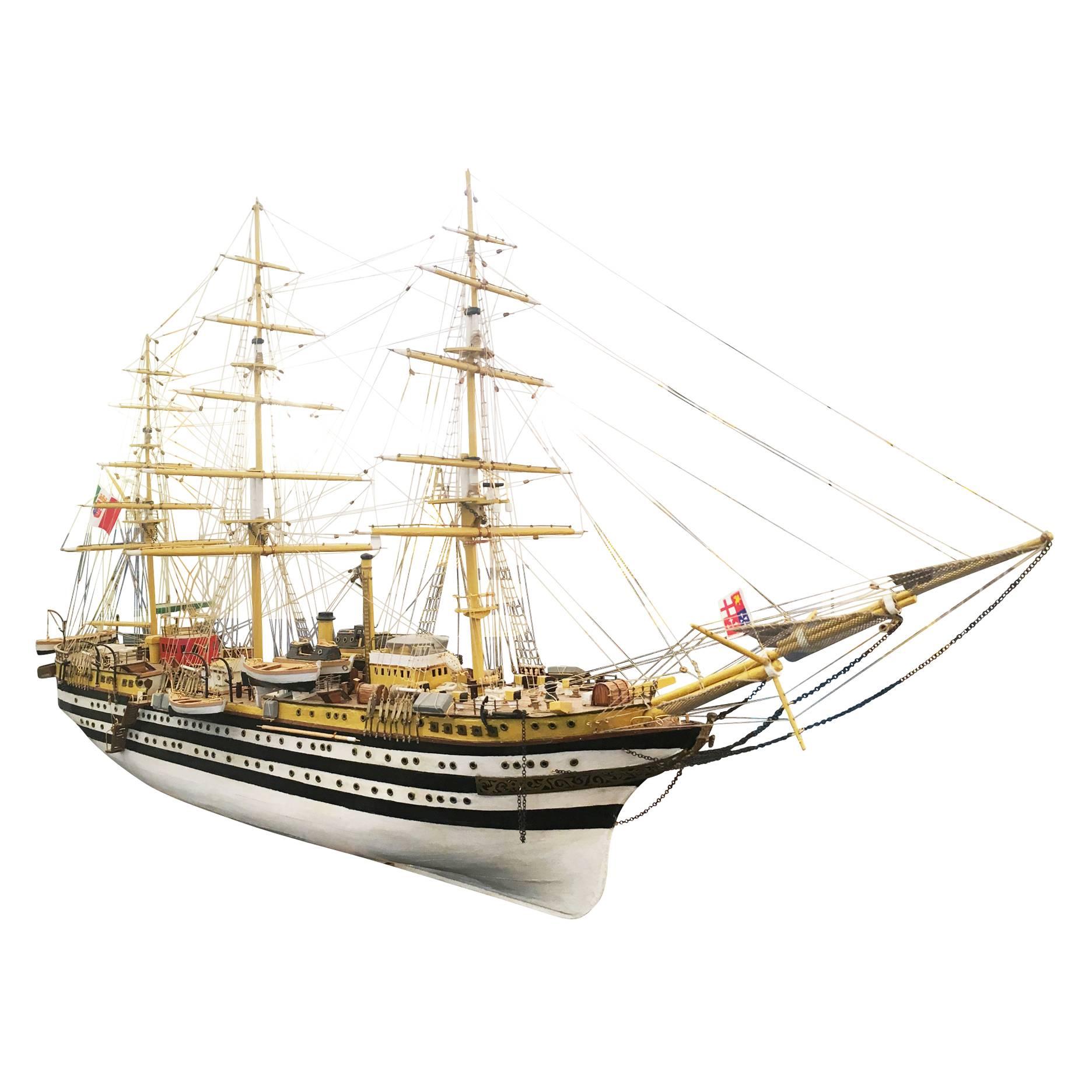 Beautifully detailed wooden model ship of famous Italian training ship, Amerigo Vespucci. Handmade in the 1970s. The entire piece is made of wood with brass fittings.

Available for viewing at Gaspare Asaro-Italian Modern in NYC