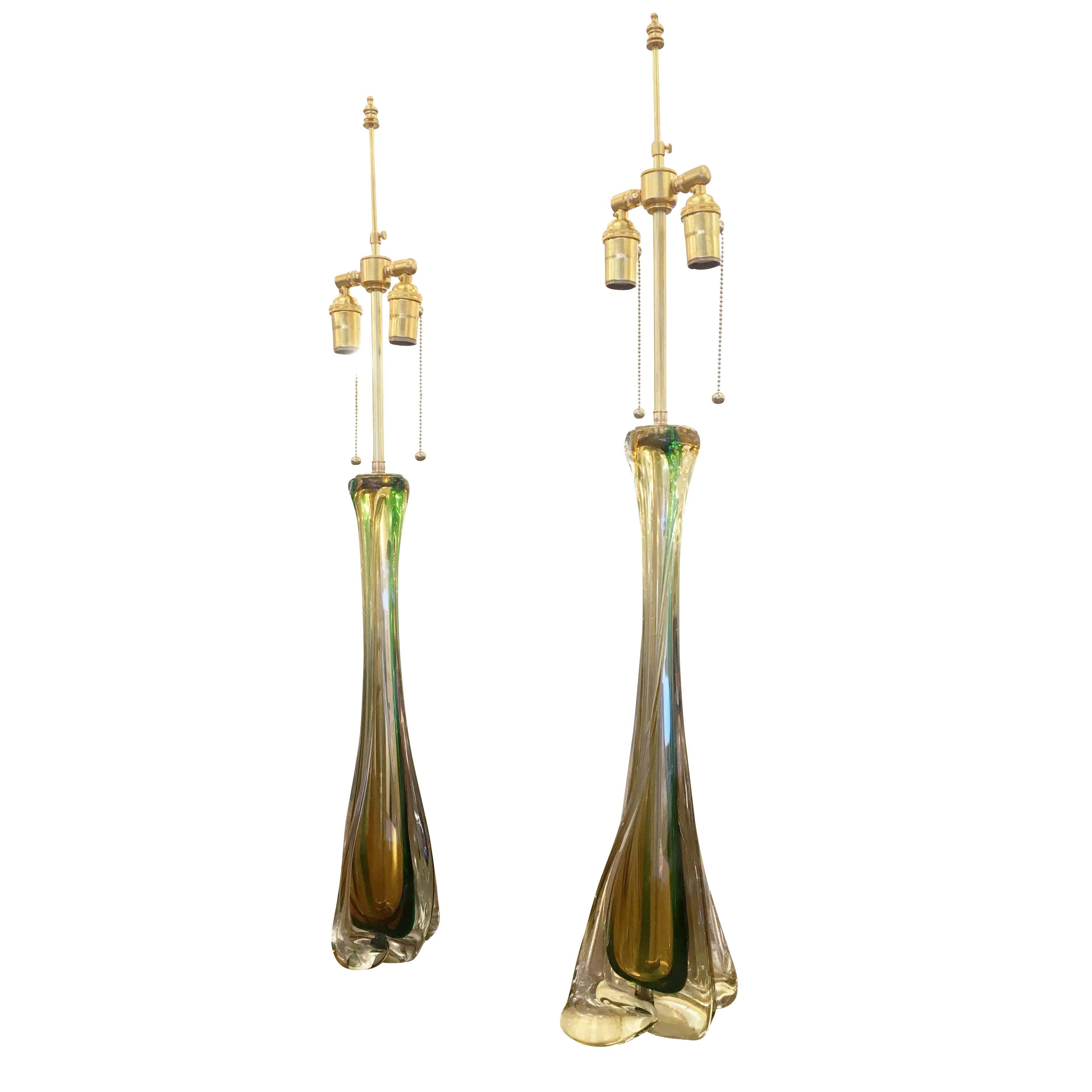 Pair of 1950s Belgian glass table lamps by Val St Lambert. The twisting glass made in the 