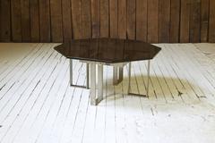 Vintage French Black Glass and Steel Octagonal Cocktail Table