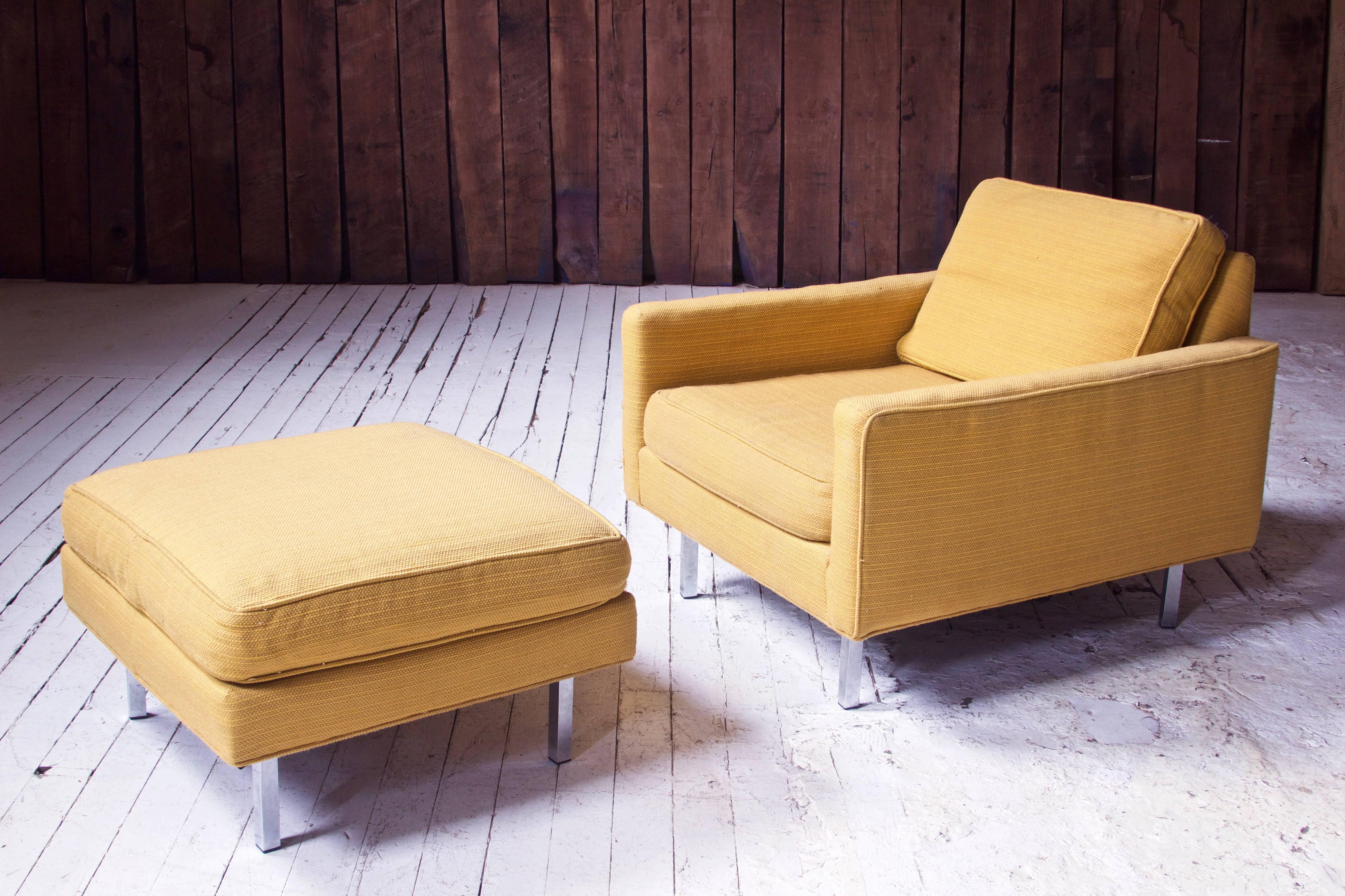 Classic Milo Baughman for Thayer Coggin club chair with ottoman in original yellow wool with chrome-plated legs. Original upholstery present; can be sold 