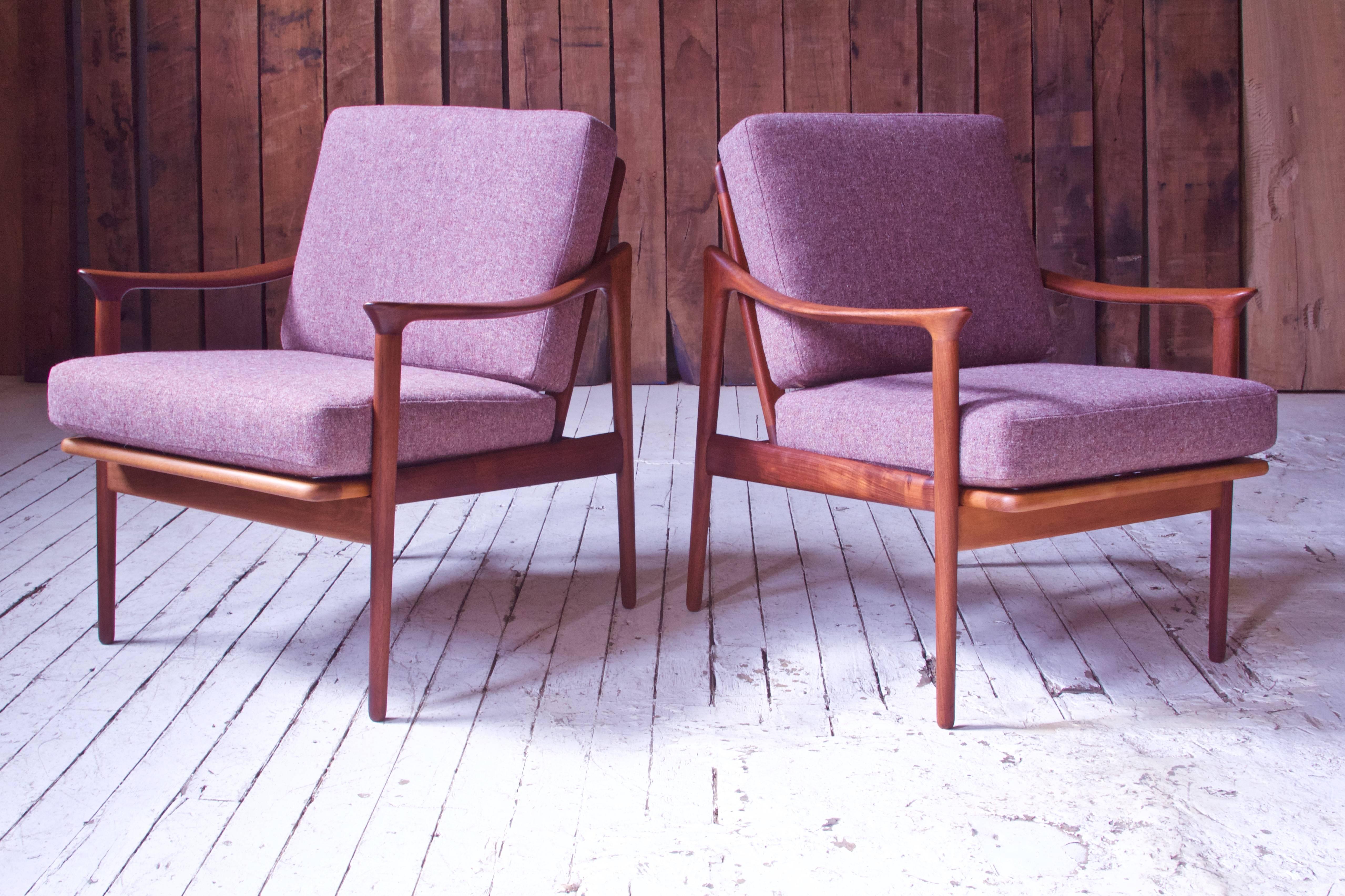 Norwegian Pair of Fredrick A. Kayser Model-563 Easy Chairs in Teak and Wool; Norway, 1960s