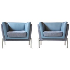 Pair of Two-Tone Grey Wool and Blue Leather 'LAP' Club Chairs by Brueton, 1980
