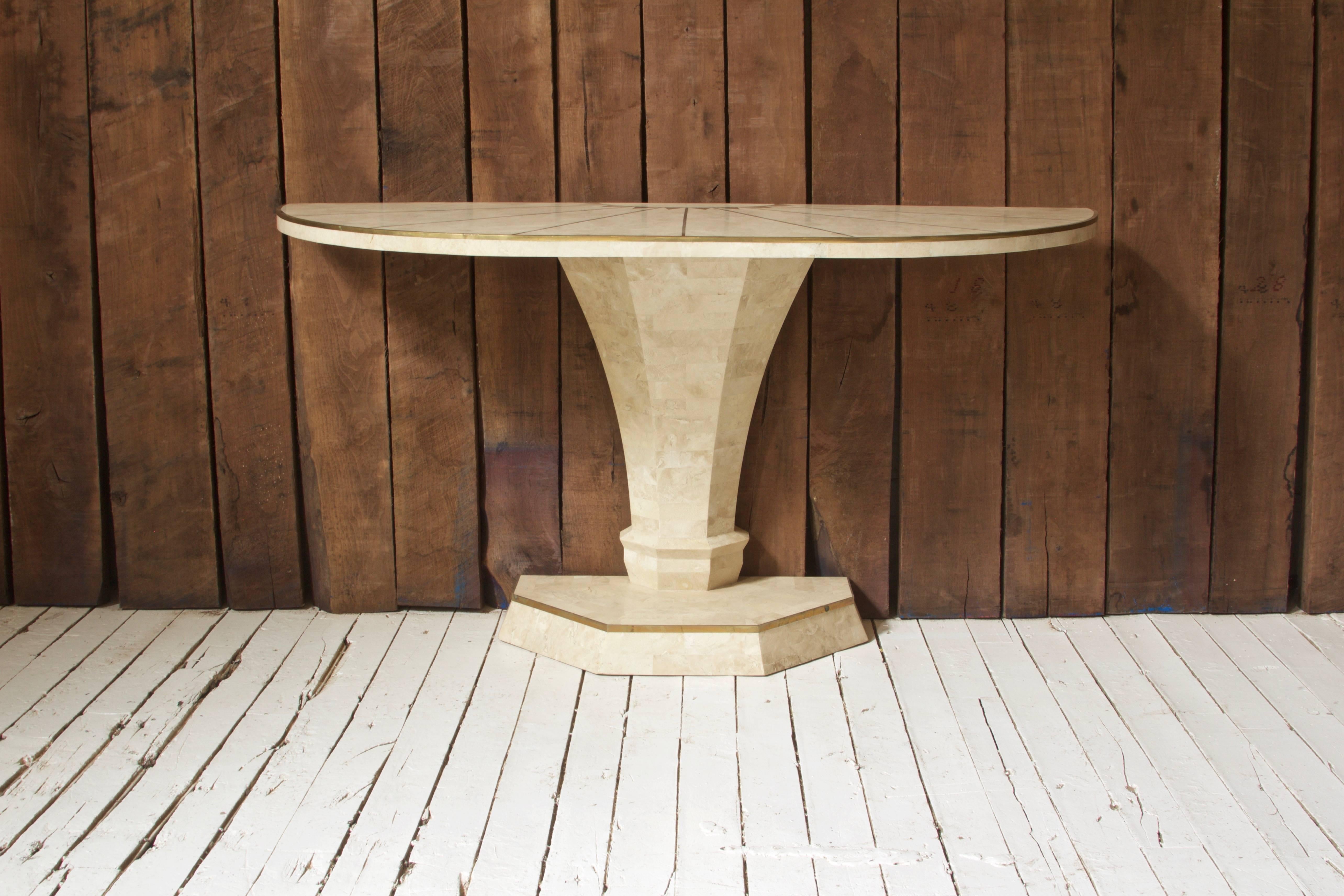 Italian Maitland-Smith Demilune Console Table in Travertine and Brass Inlay, 1970s