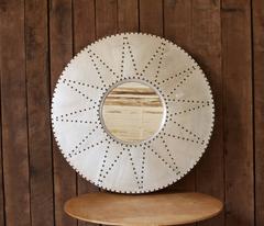 Large Vintage Industrial Style Aluminum and Brass Sunburst Wall Mirror