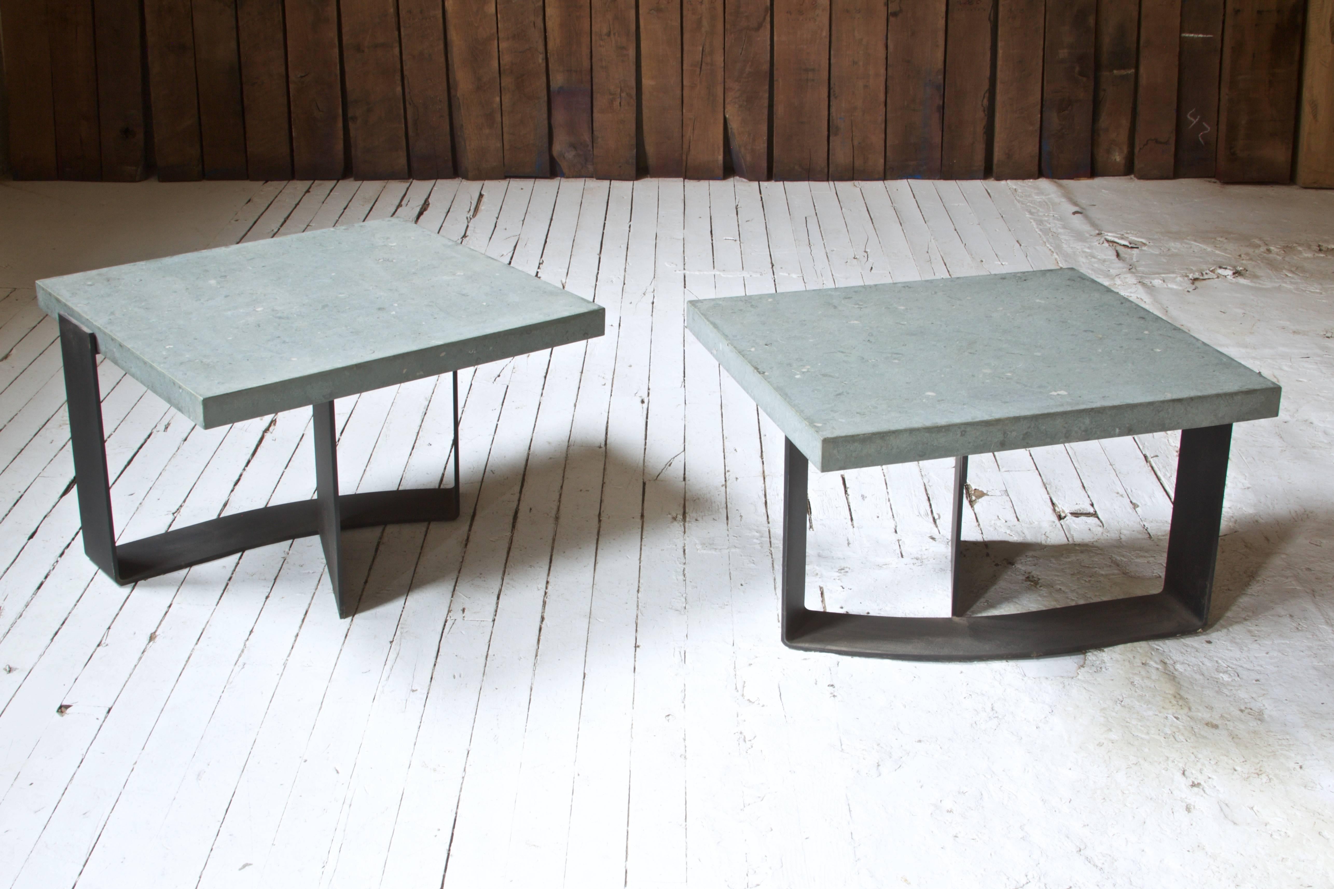 Modern Pair of Italian Grey Limestone and Enameled Steel Side Tables; 1970s
