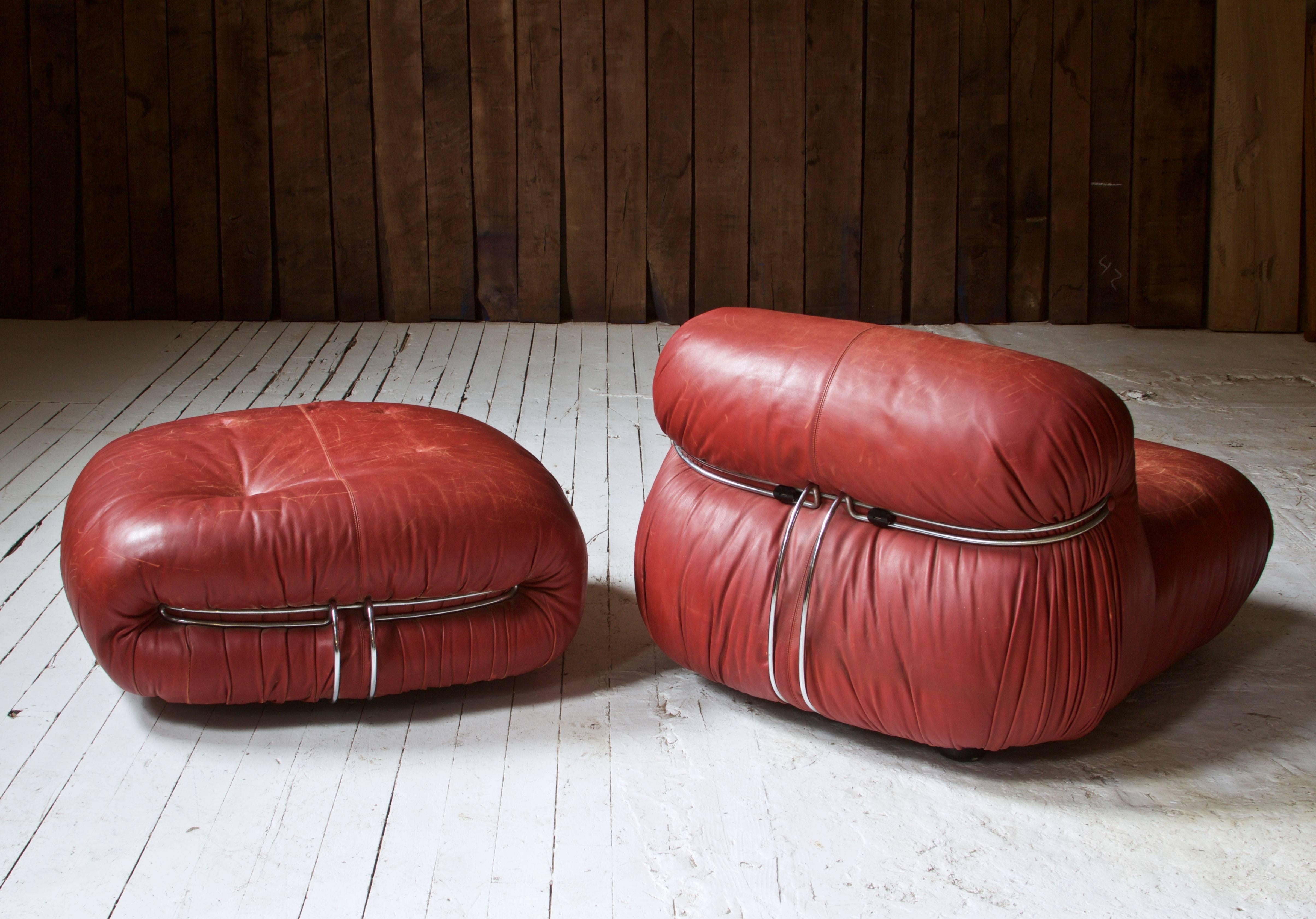 Mid-Century Modern Distressed Red Leather 