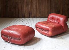 Distressed Red Leather "Soriana" Lounge Chair and Ottoman, Scarpa, 1970