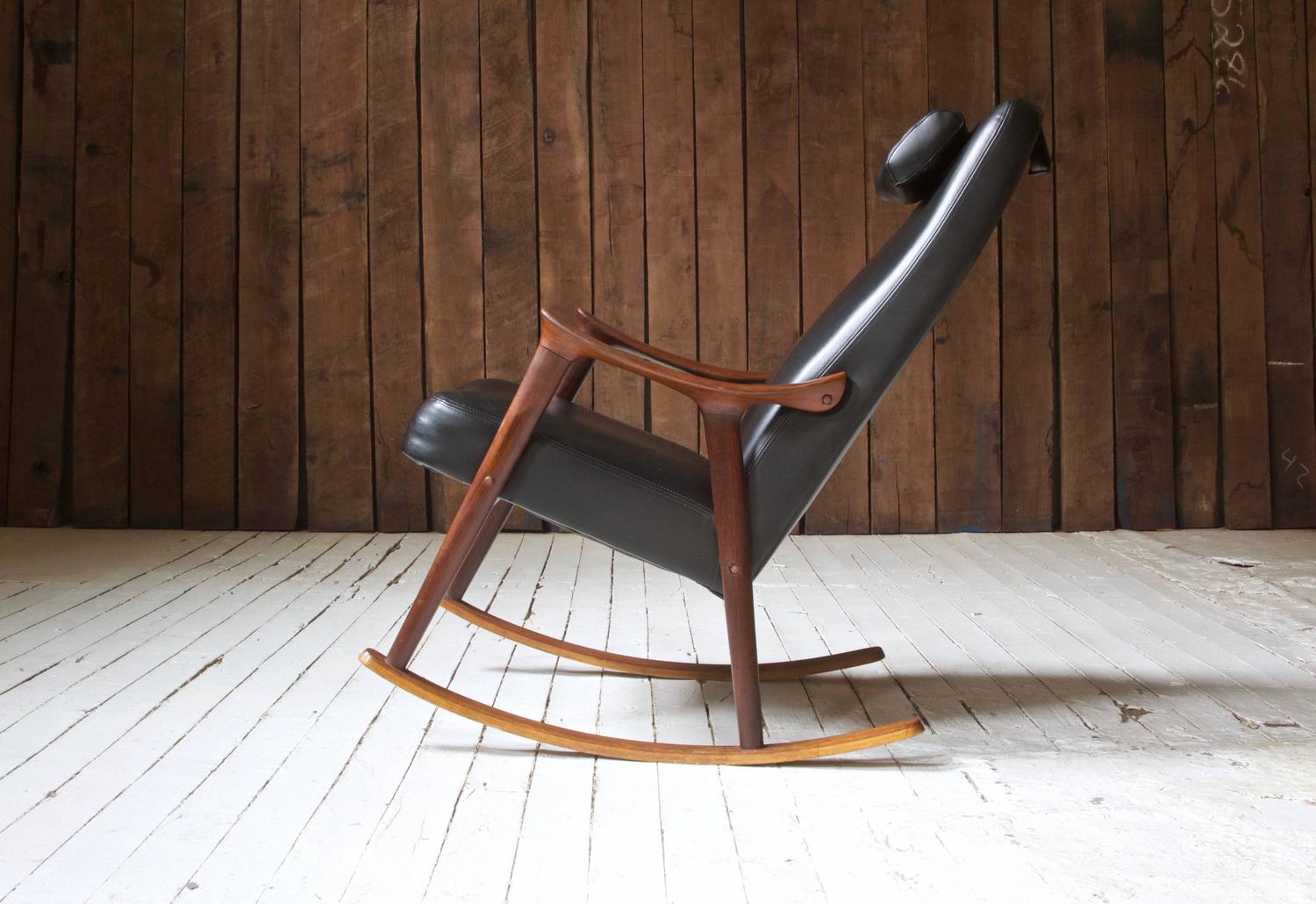 Ingmar Relling for Westnofa Sculpted Teak and Black Vinyl Rocking Chair