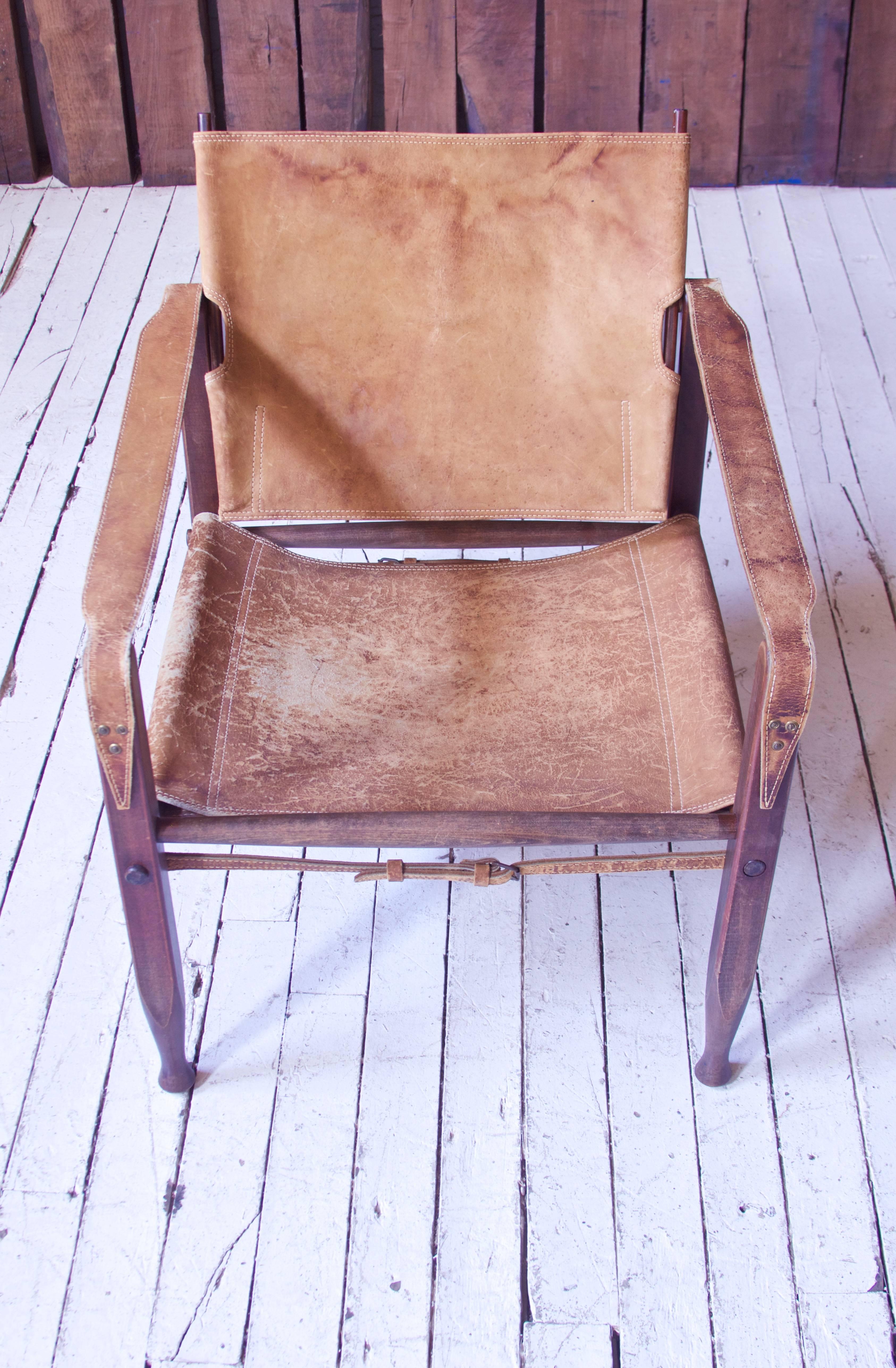 Scandinavian Modern Vintage Kaare Klint Leather and Stained Beechwood Safari Chair, 1940s
