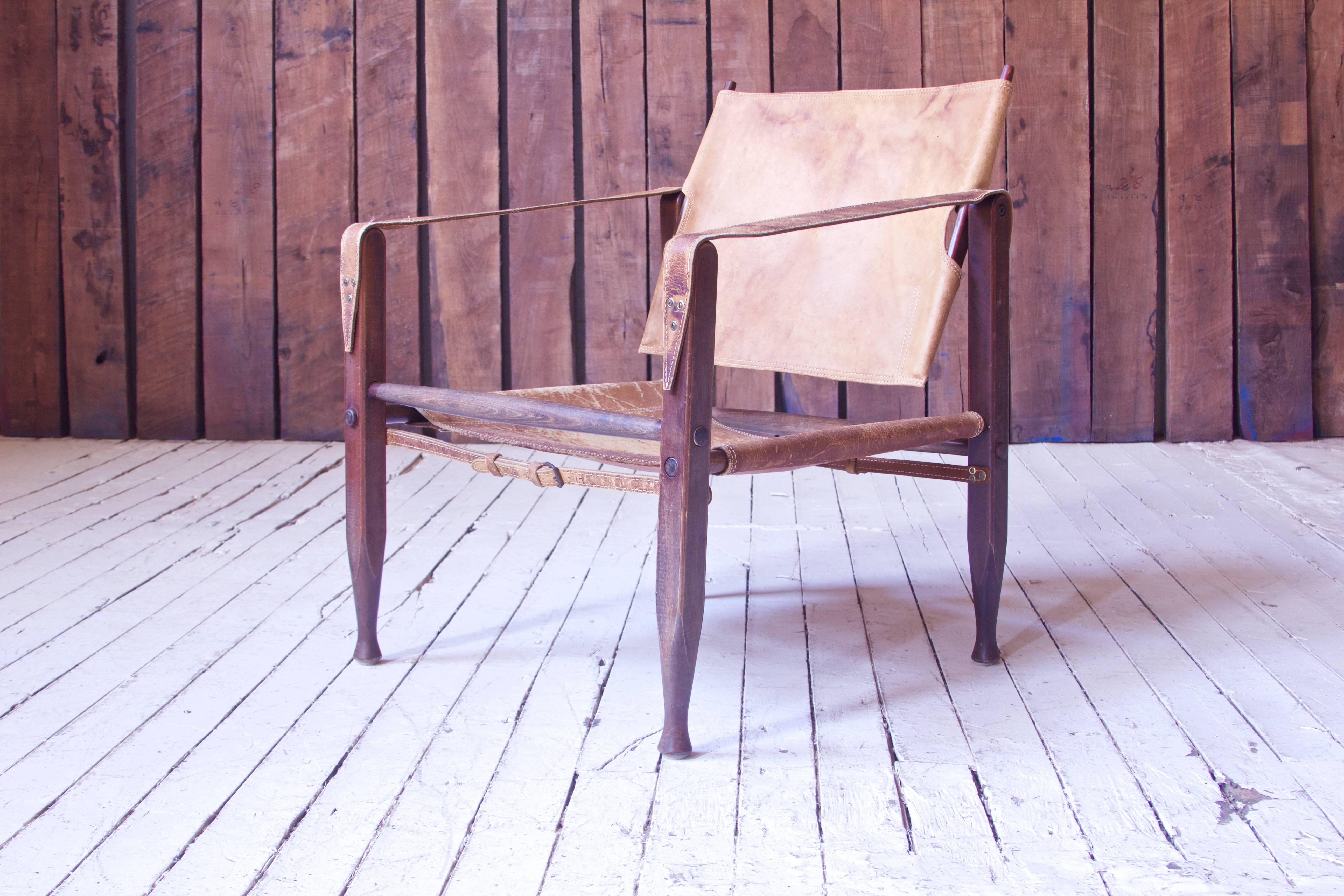 Mid-20th Century Vintage Kaare Klint Leather and Stained Beechwood Safari Chair, 1940s