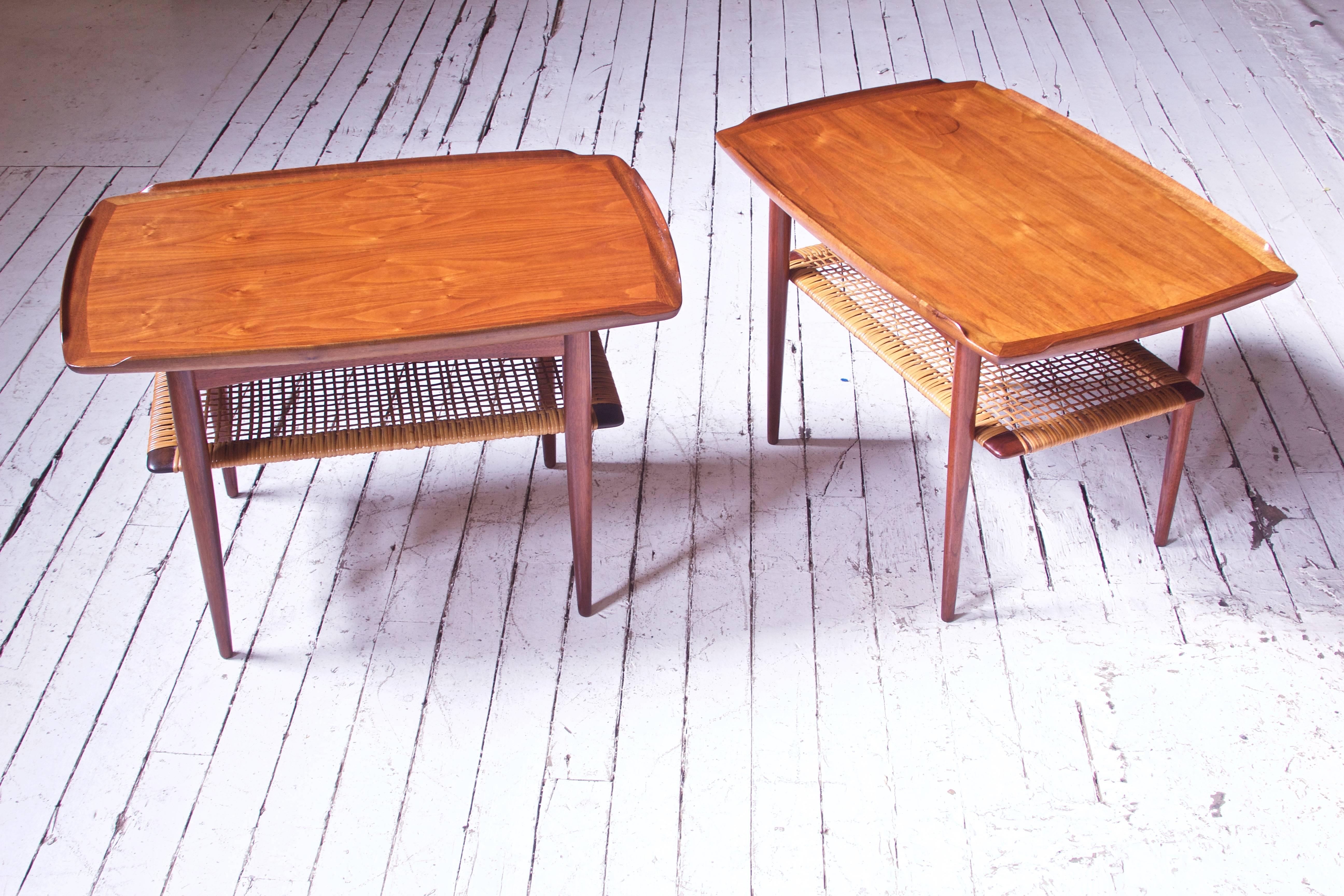 Scandinavian Modern Vintage Pair of Poul Jensen Figured Teak and Cane Side Tables for Selig, 1960s