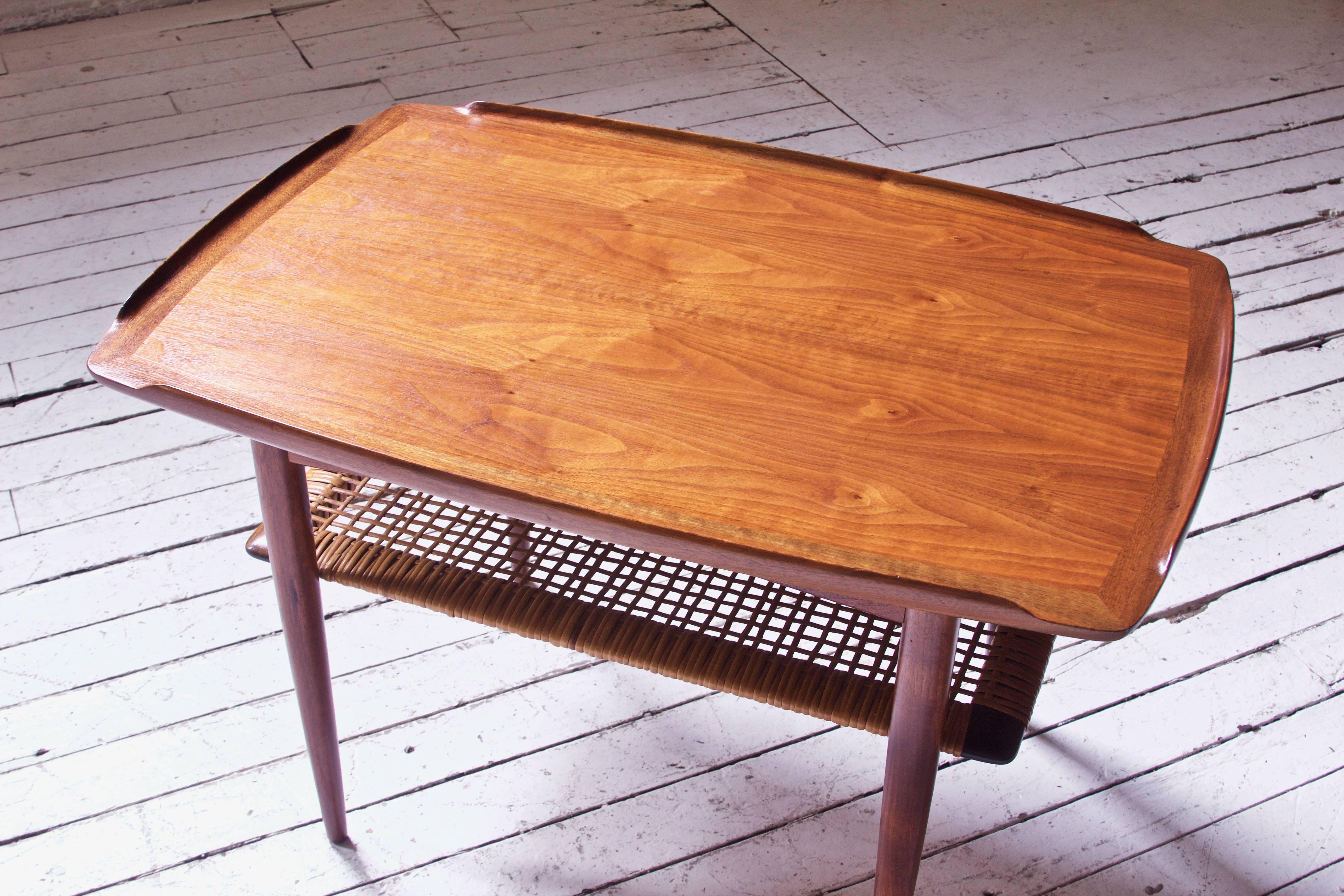 Polished Vintage Pair of Poul Jensen Figured Teak and Cane Side Tables for Selig, 1960s