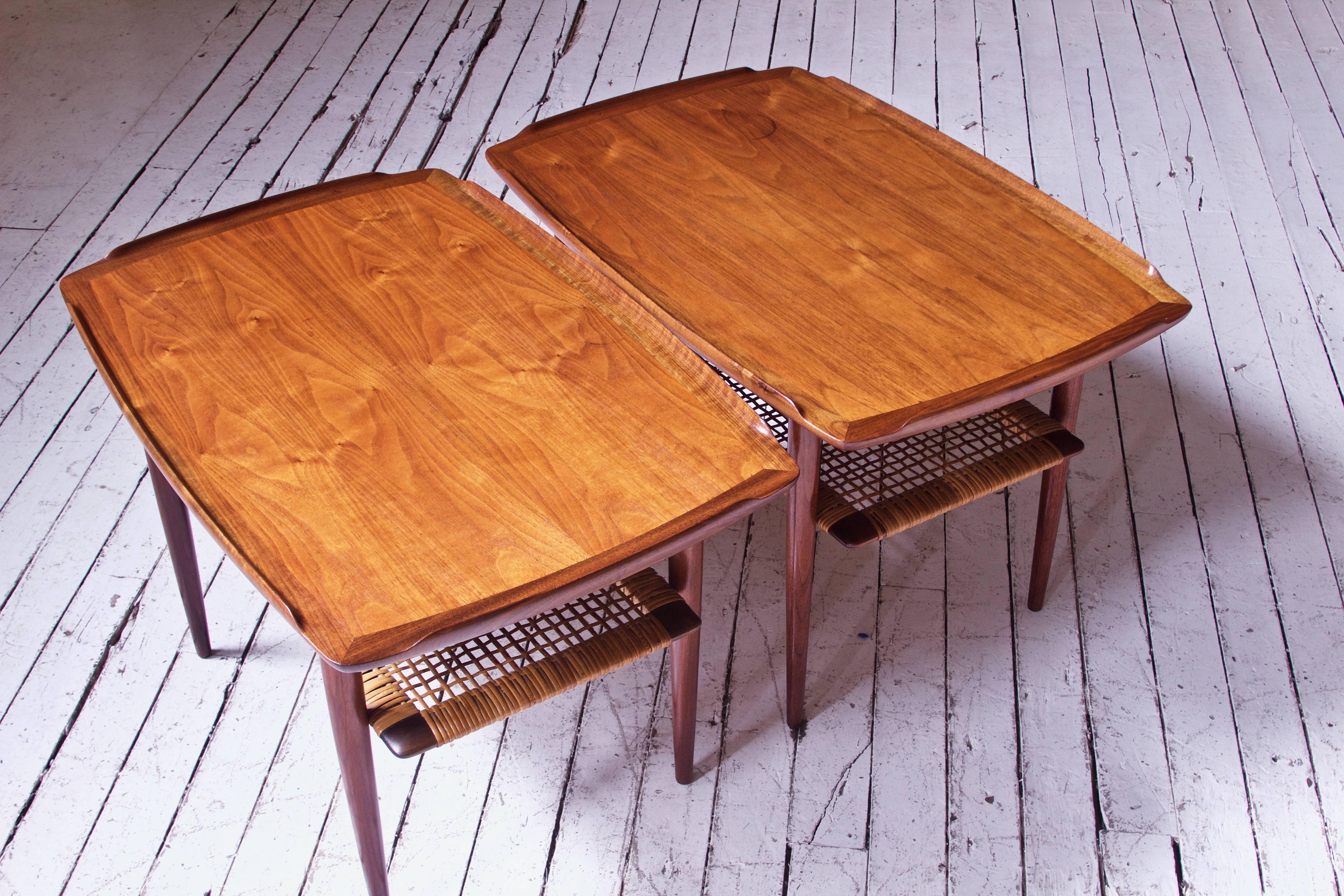 Danish Vintage Pair of Poul Jensen Figured Teak and Cane Side Tables for Selig, 1960s
