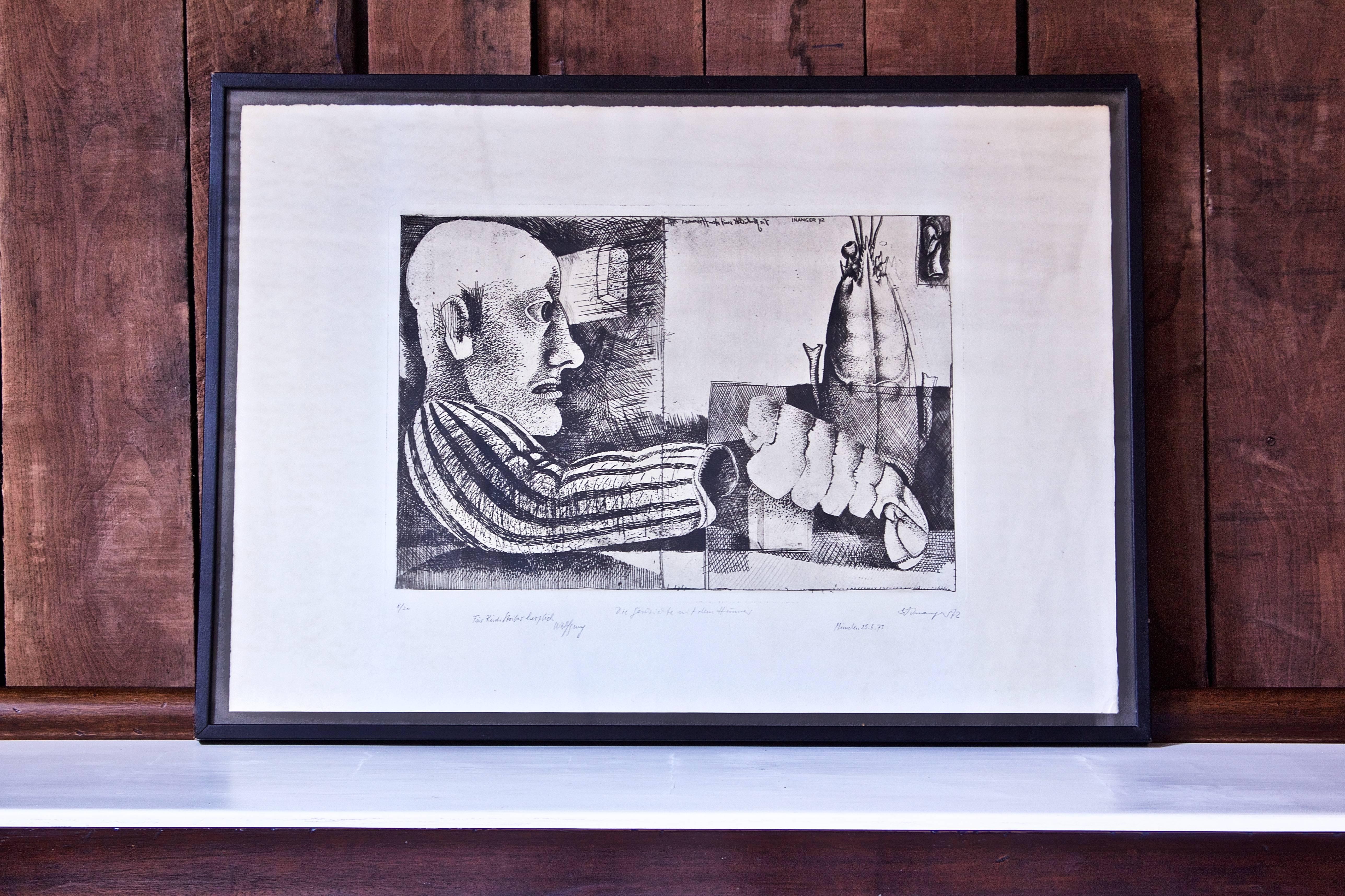 Intéressante gravure en taille-douce de l'artiste allemand Inanger ; l'image représente un homme - peut-être un prisonnier - et la tête et la queue coupées d'un homard. Bonne représentation des changements de valeur par les hachures ; composition