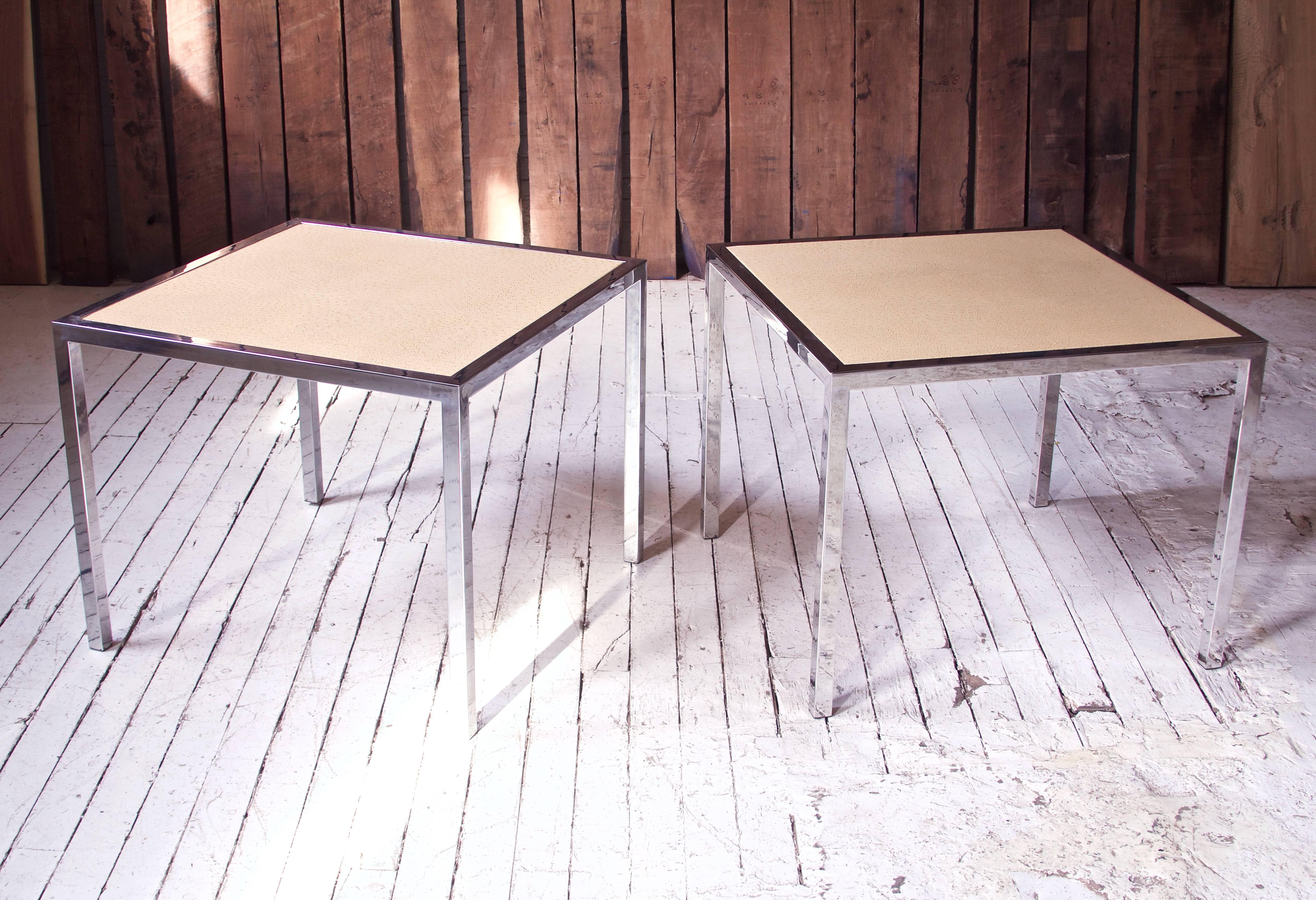 Mid-Century Modern Pair of Vintage Italian Faux Ostrich Leather and Chrome Cocktail Tables, 1970s