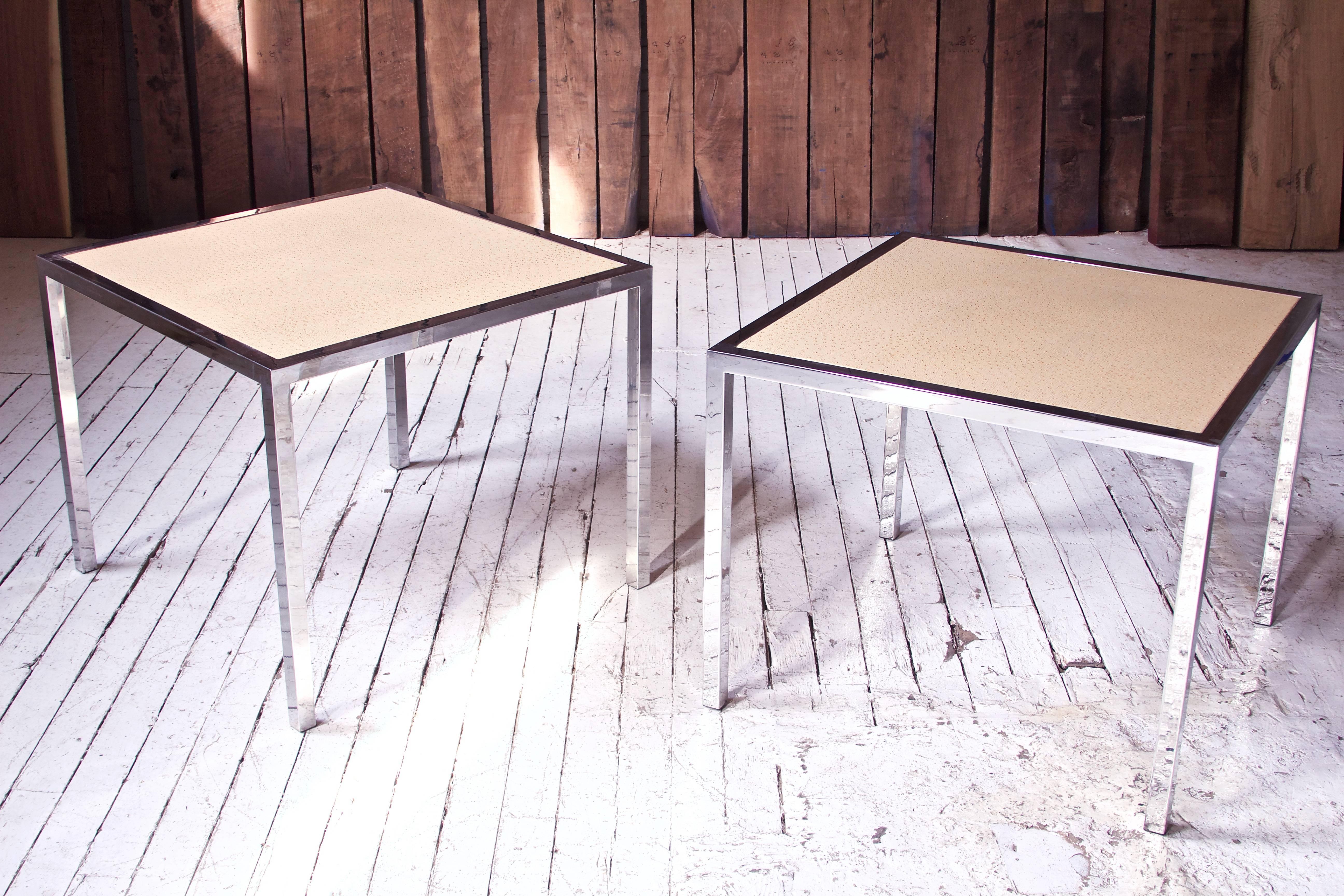 Pair of Vintage Italian Faux Ostrich Leather and Chrome Cocktail Tables, 1970s In Good Condition In Brooklyn, NY