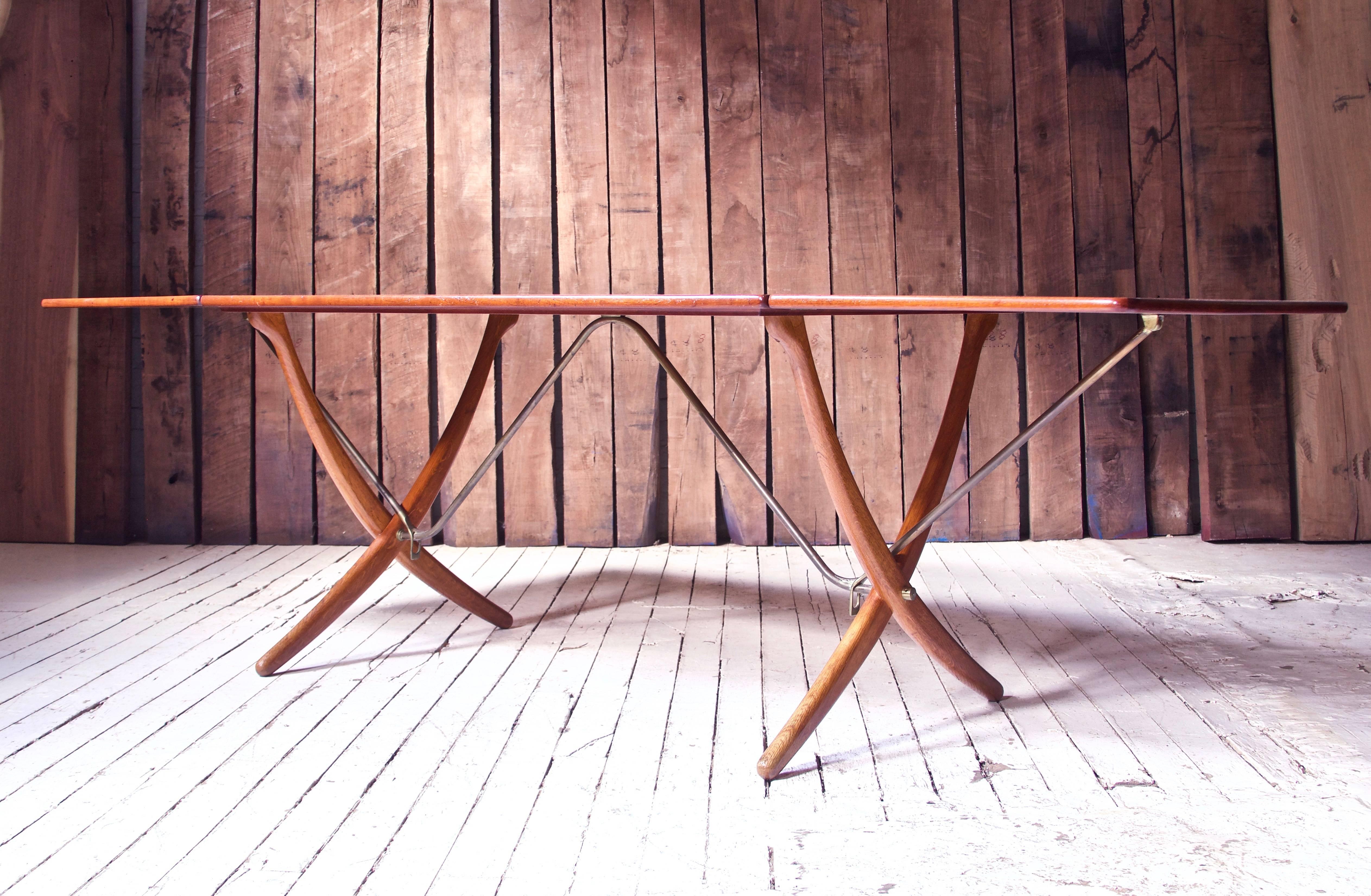 Scandinavian Modern Vintage Hans Wegner AT-304 Sabre-Leg Dining Table in Teak, Oak & Brass, 1955