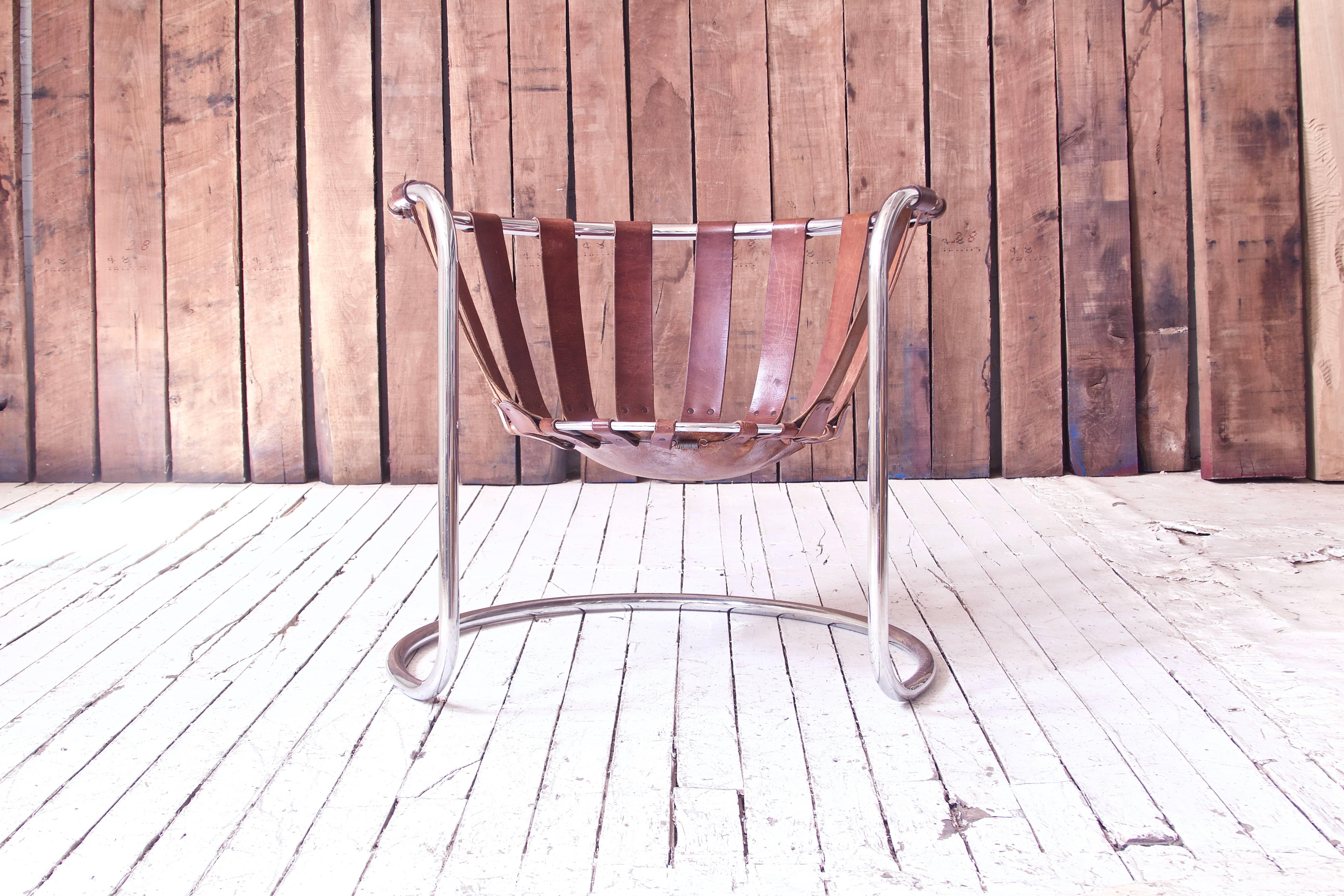 Metalwork Vintage Rare French Brown Leather and Chrome Cantilever Sling Chair, 1970s