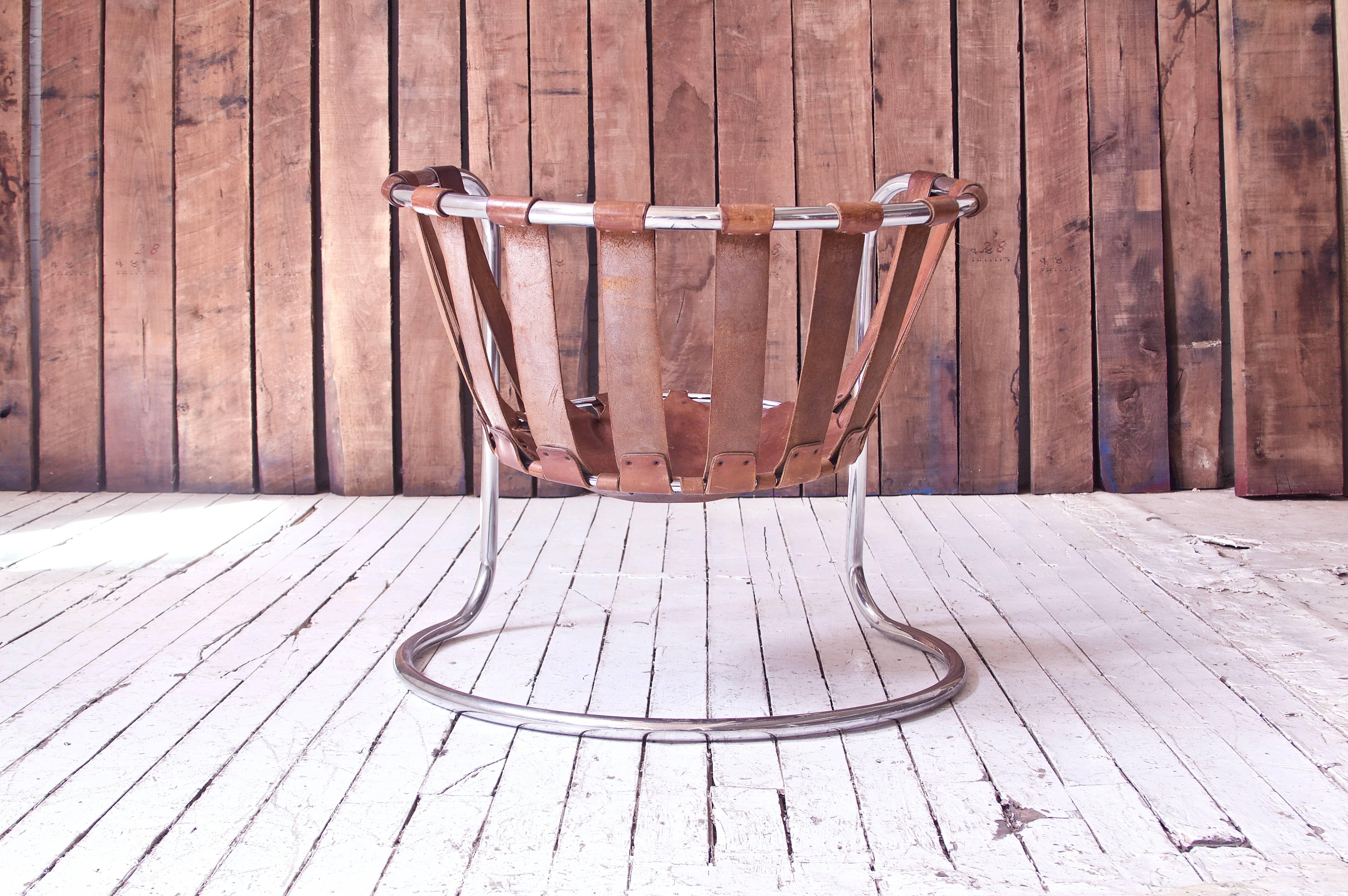 Vintage Rare French Brown Leather and Chrome Cantilever Sling Chair, 1970s In Good Condition In Brooklyn, NY