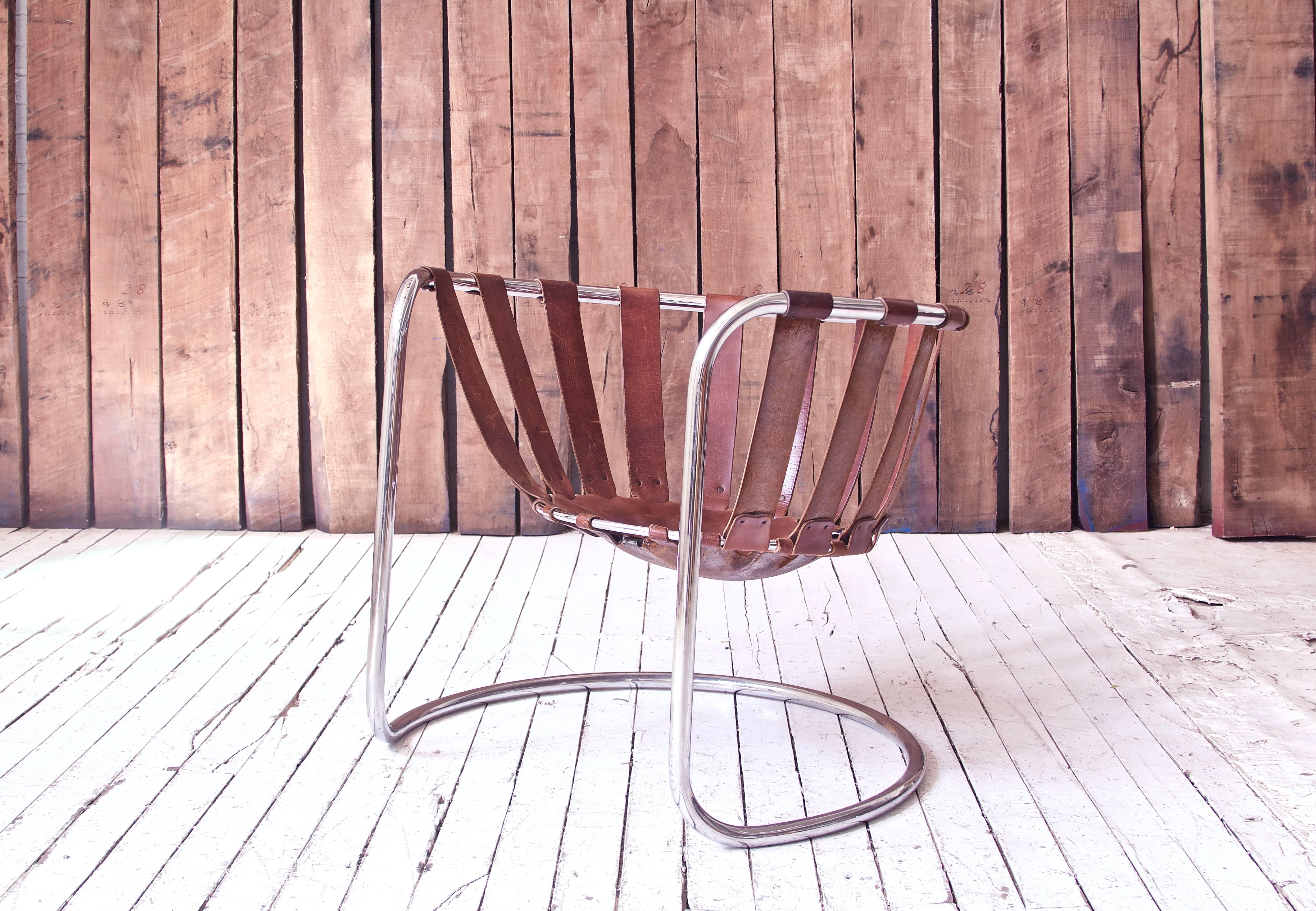 Mid-Century Modern Vintage Rare French Brown Leather and Chrome Cantilever Sling Chair, 1970s