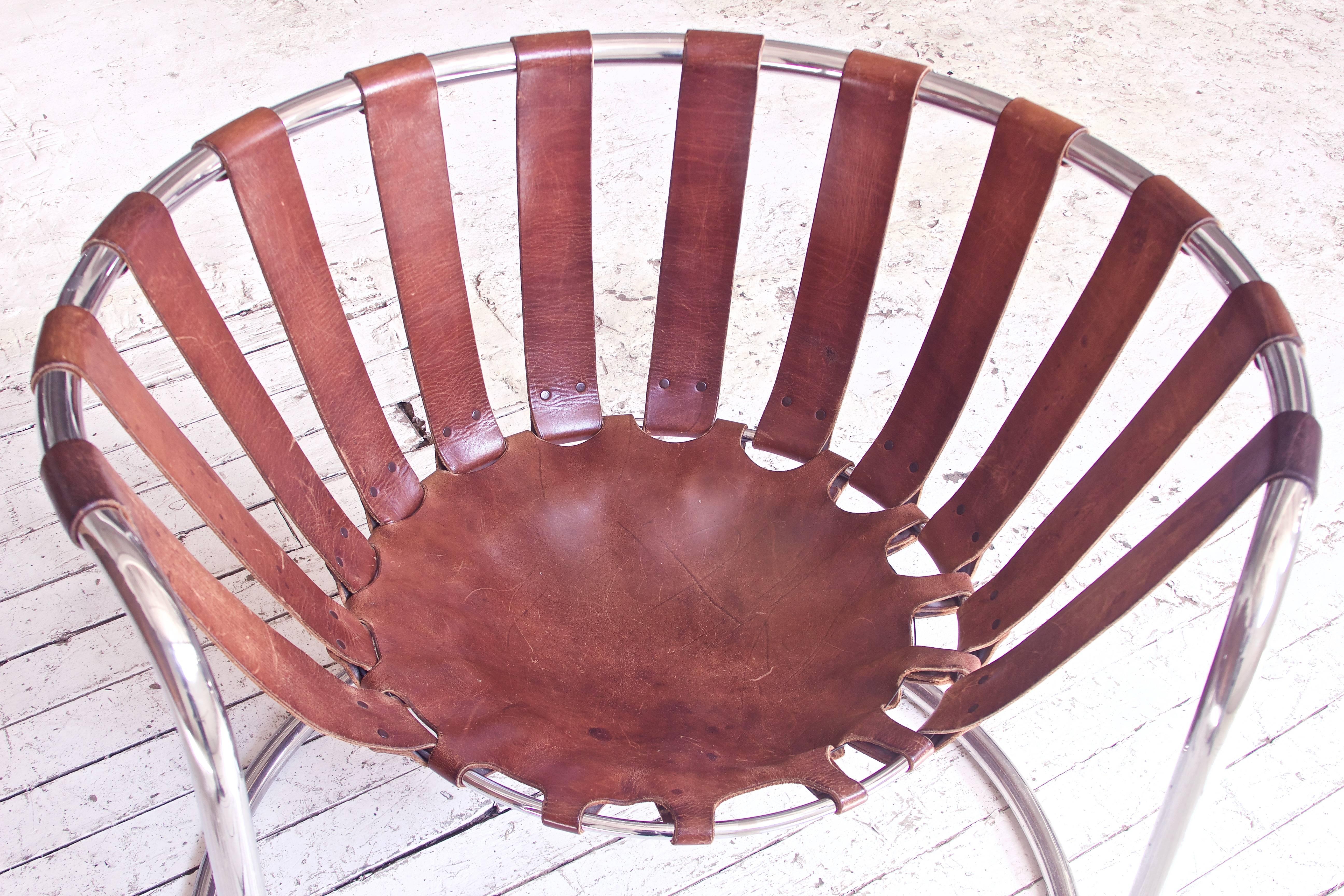 Steel Vintage Rare French Brown Leather and Chrome Cantilever Sling Chair, 1970s