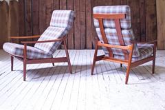 Pair of Arne Vodder FD-164 Reclining Lounge Chairs in Teak and Plaid Wool
