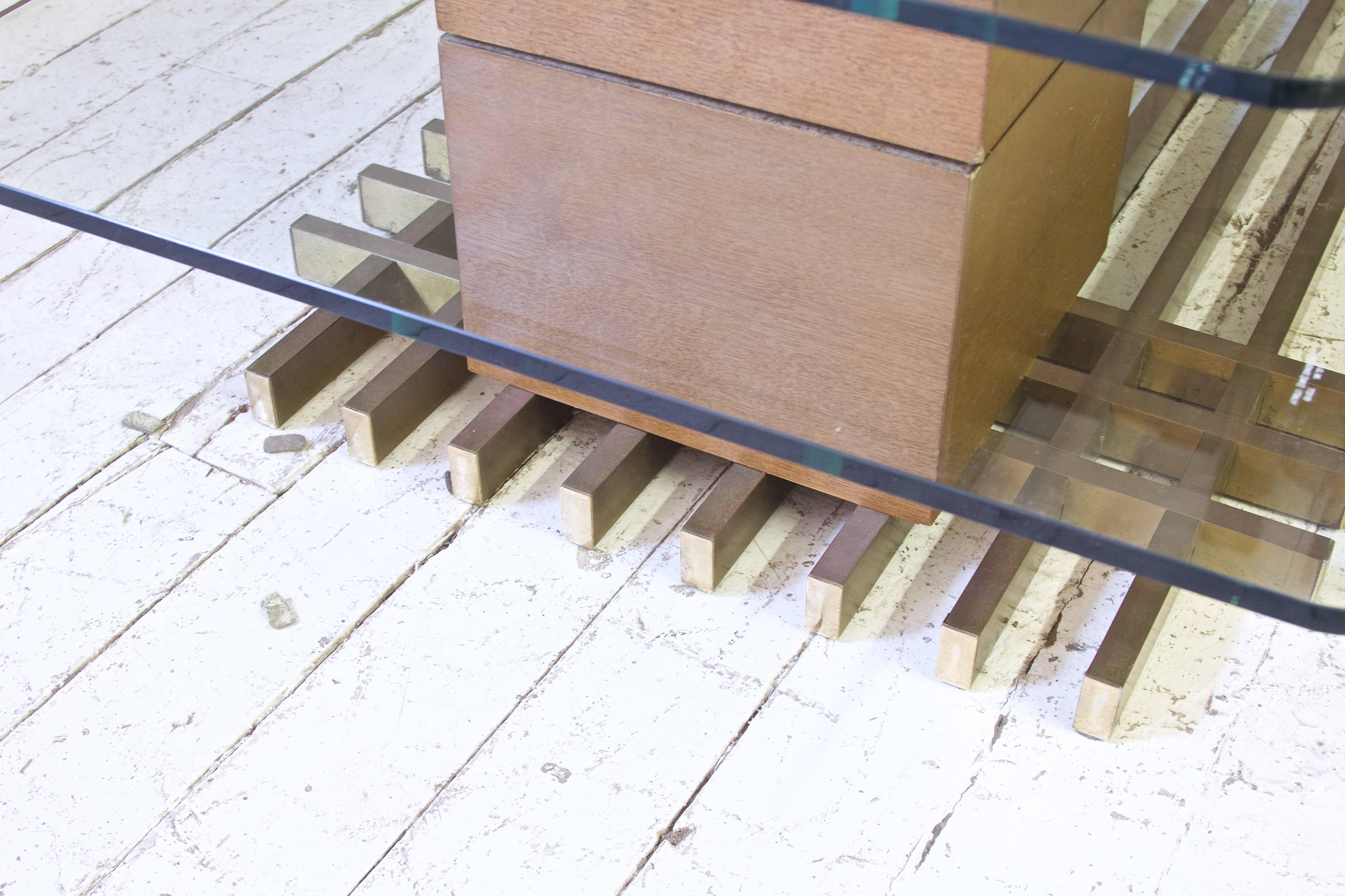 Custom Two-Tier Italian Coffee Table in Brass, Wood and Glass, 1970s In Good Condition In Brooklyn, NY