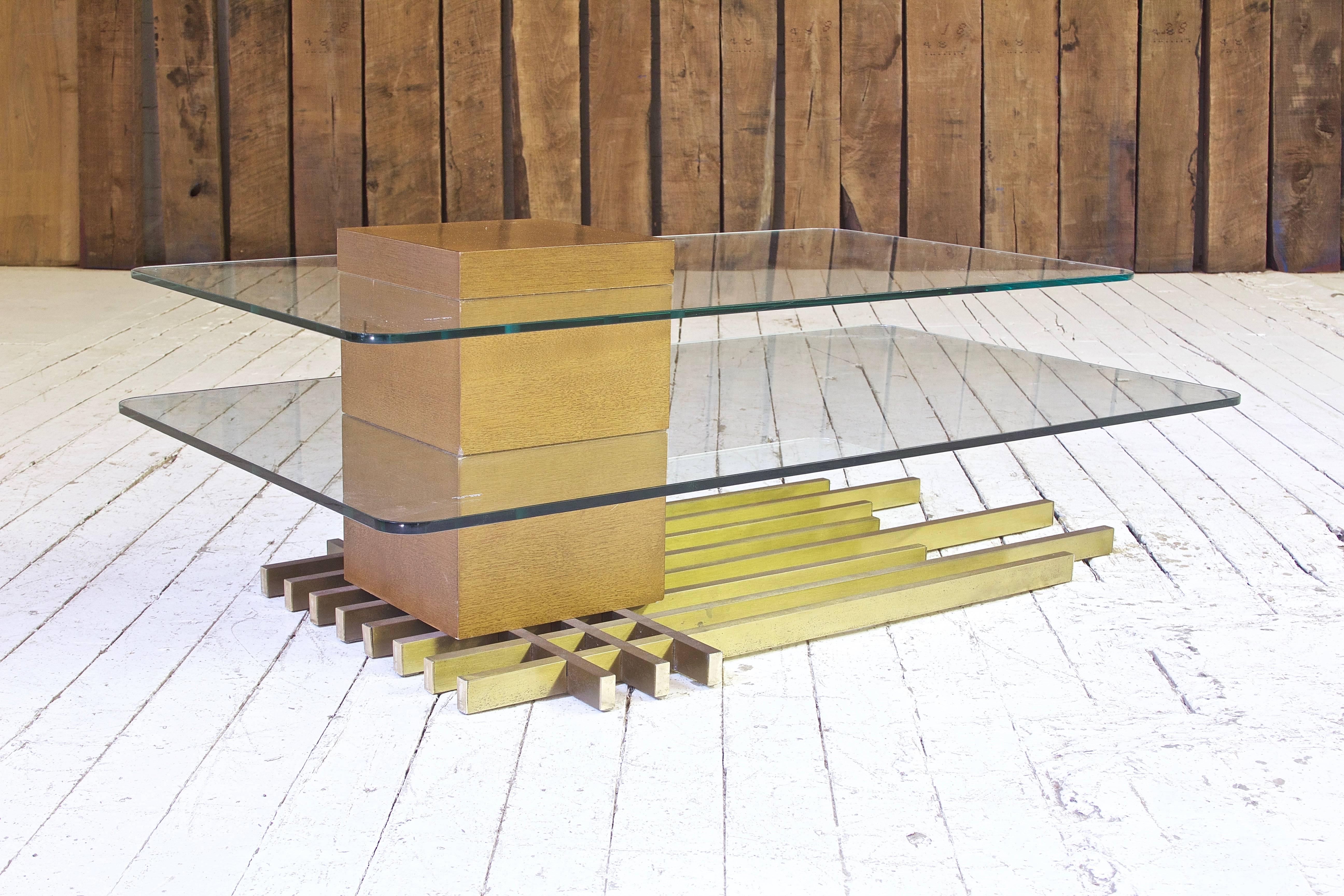 Late 20th Century Custom Two-Tier Italian Coffee Table in Brass, Wood and Glass, 1970s