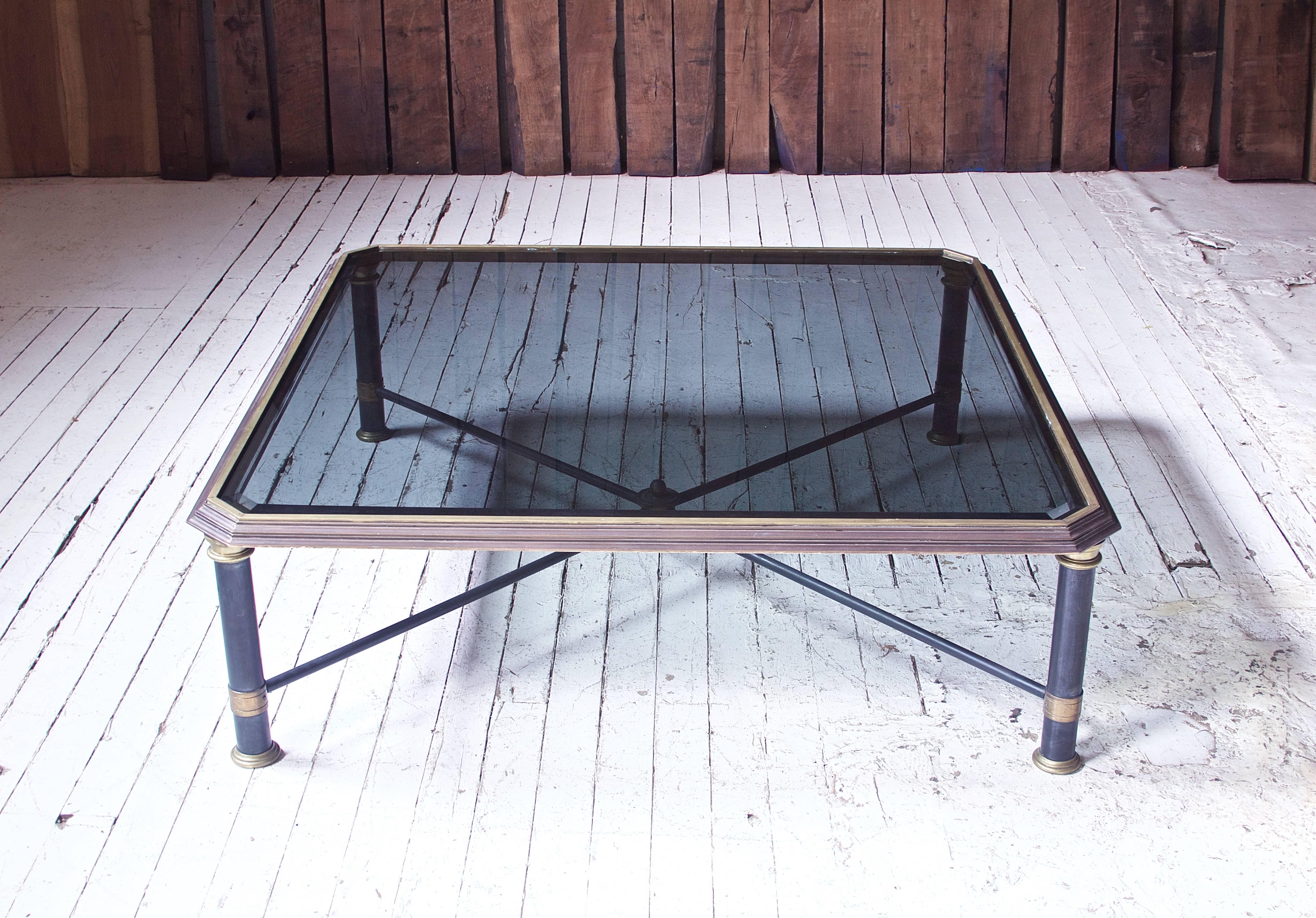 Neoclassical Large French Coffee Table in Mixed Metal with Smoked Glass Top, 1960s