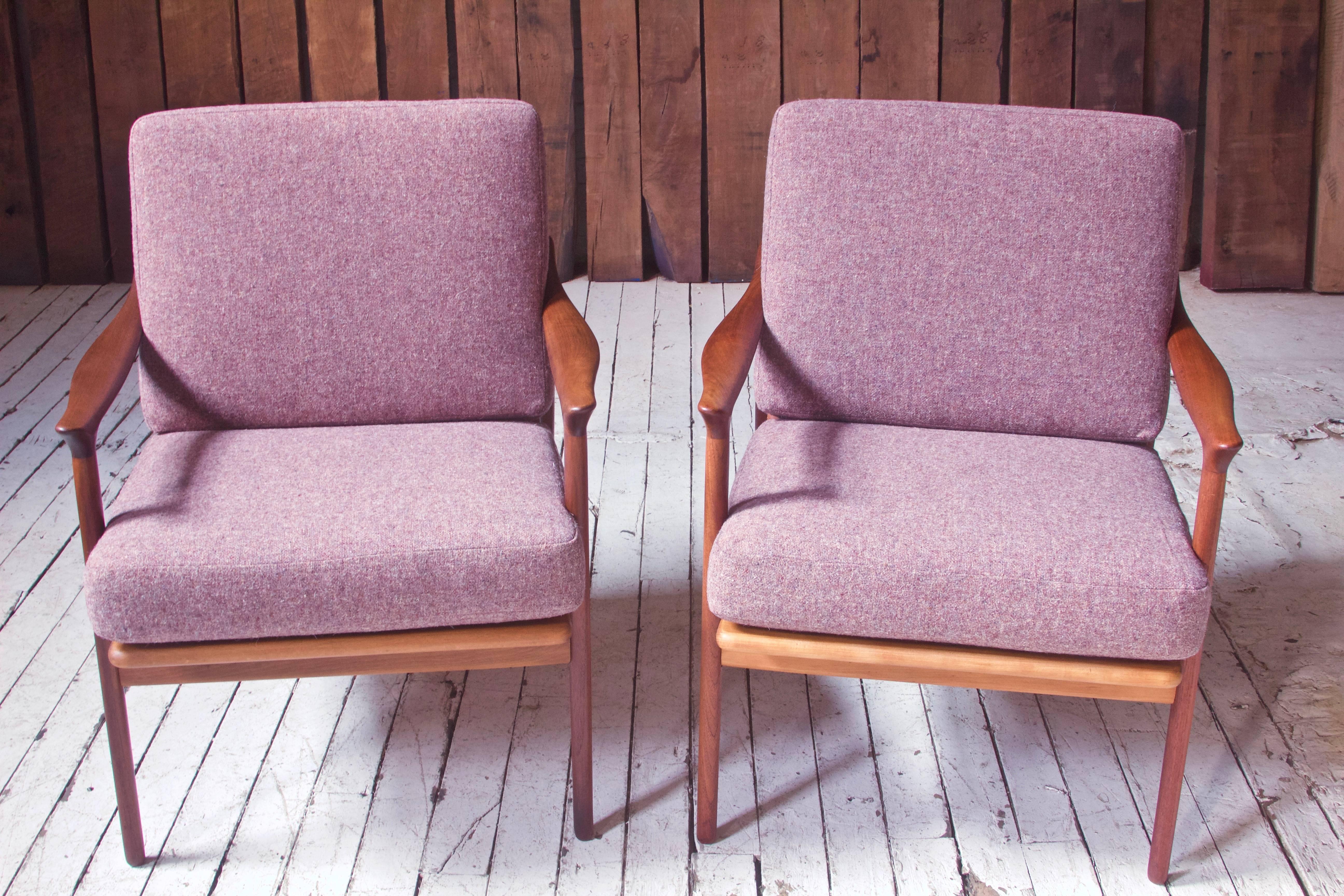 Scandinavian Modern Pair of Fredrick A. Kayser Model-563 Easy Chairs in Teak and Wool; Norway, 1960s