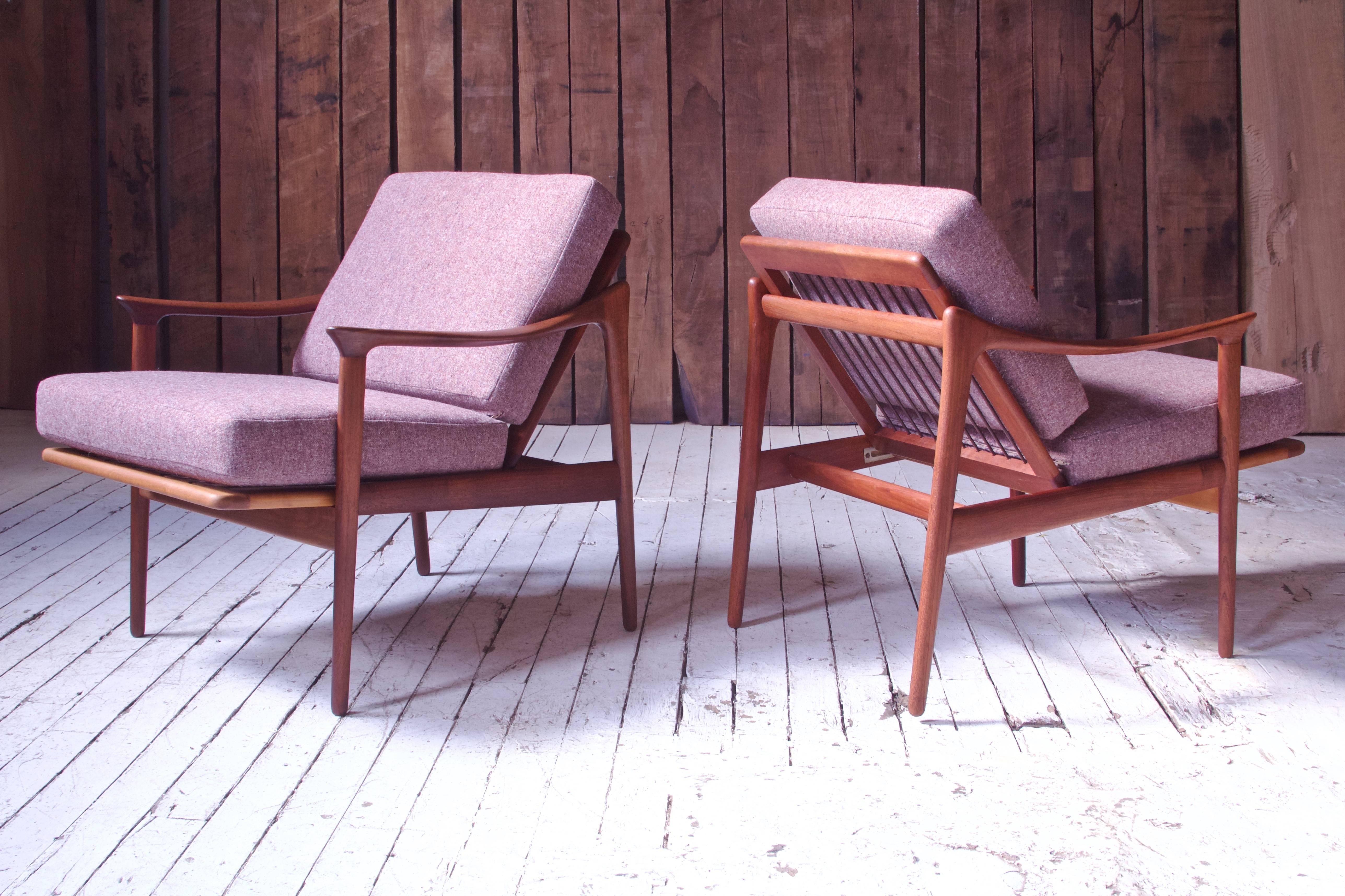 Woodwork Pair of Fredrick A. Kayser Model-563 Easy Chairs in Teak and Wool; Norway, 1960s