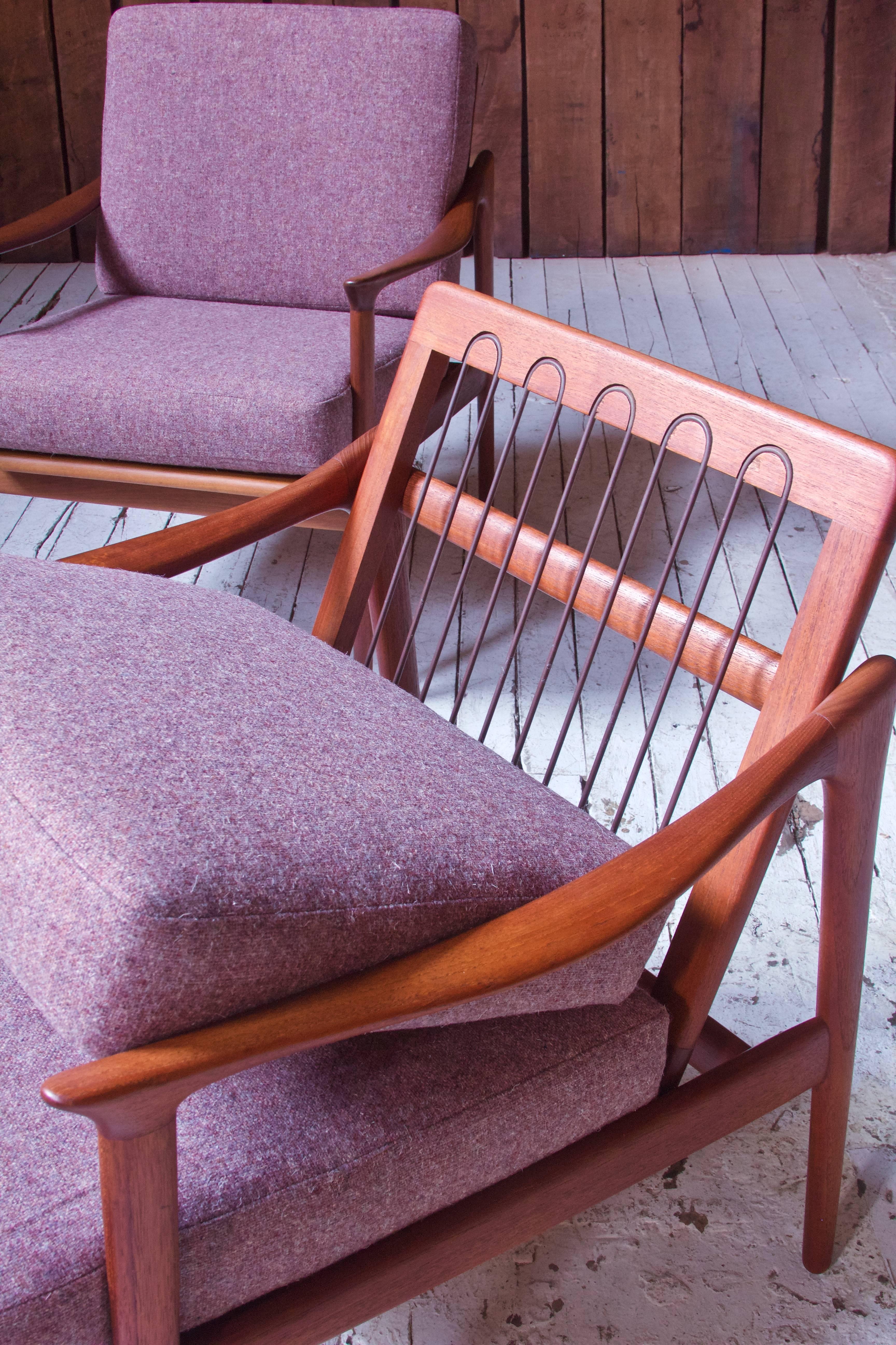 Mid-20th Century Pair of Fredrick A. Kayser Model-563 Easy Chairs in Teak and Wool; Norway, 1960s