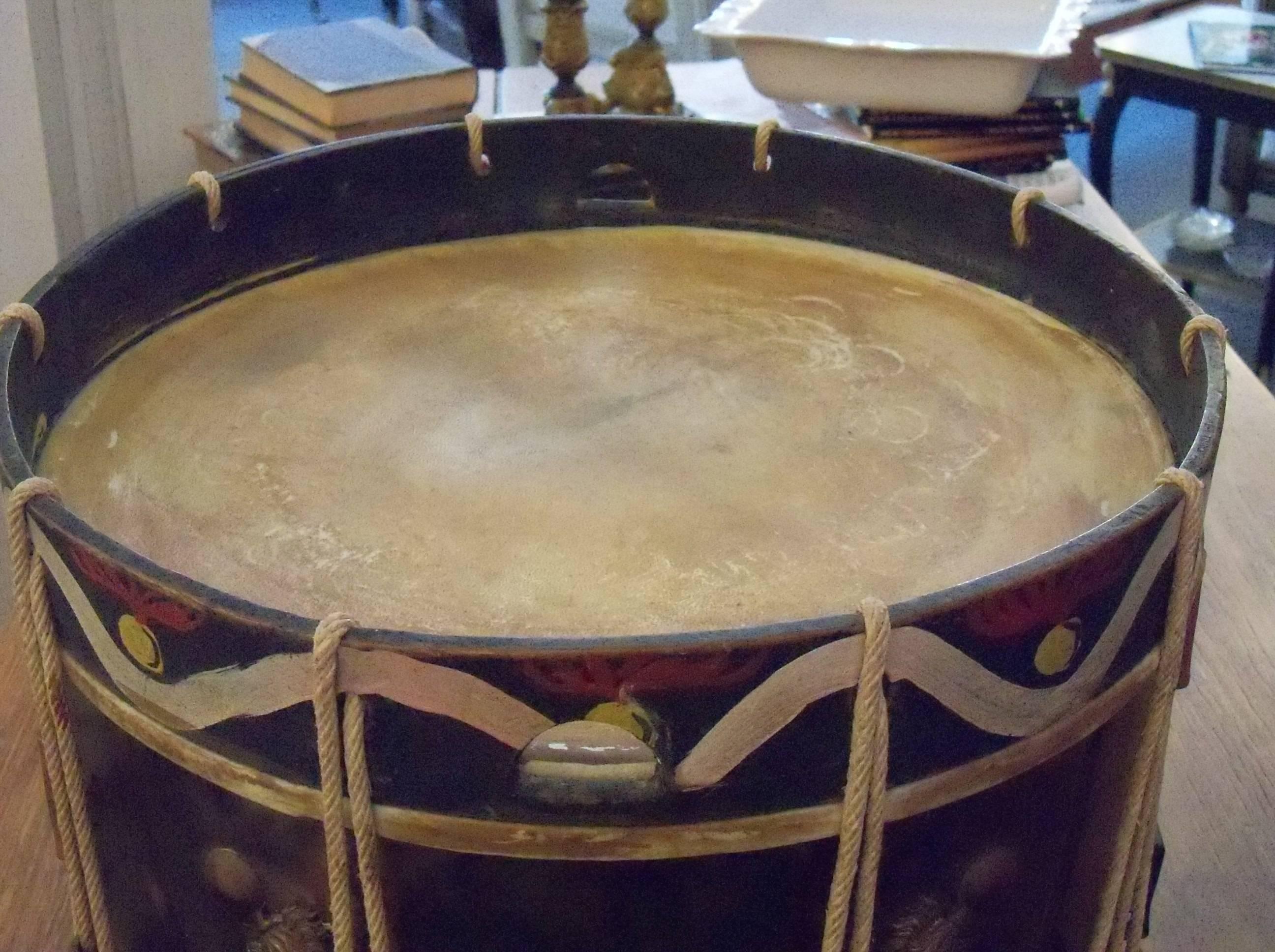 Painted Late 19th Century Italian Brass and Rope Tension Military Drum  For Sale