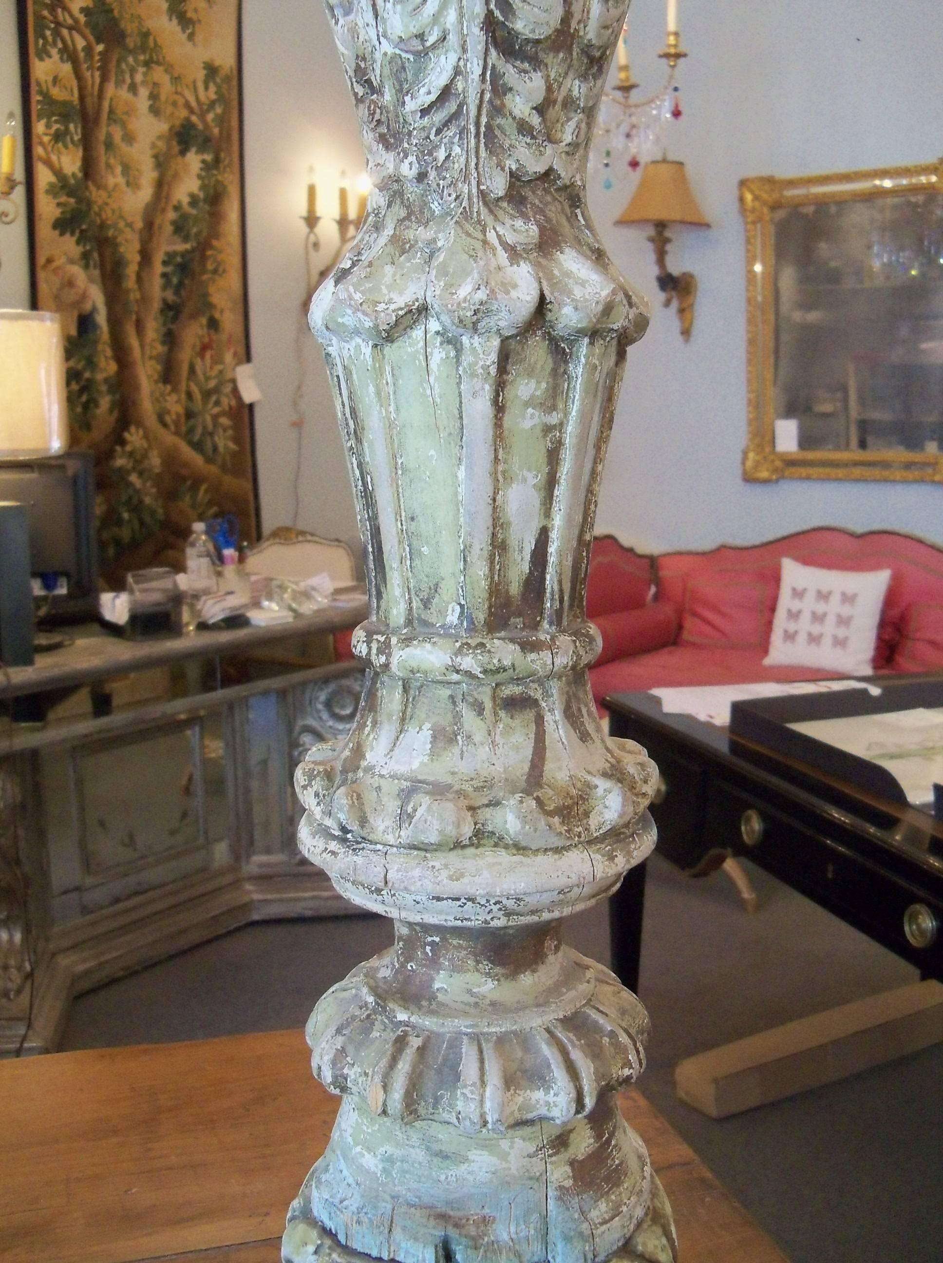 19th Century Italian Carved and Painted Wood Candlestick In Good Condition For Sale In New Orleans, LA
