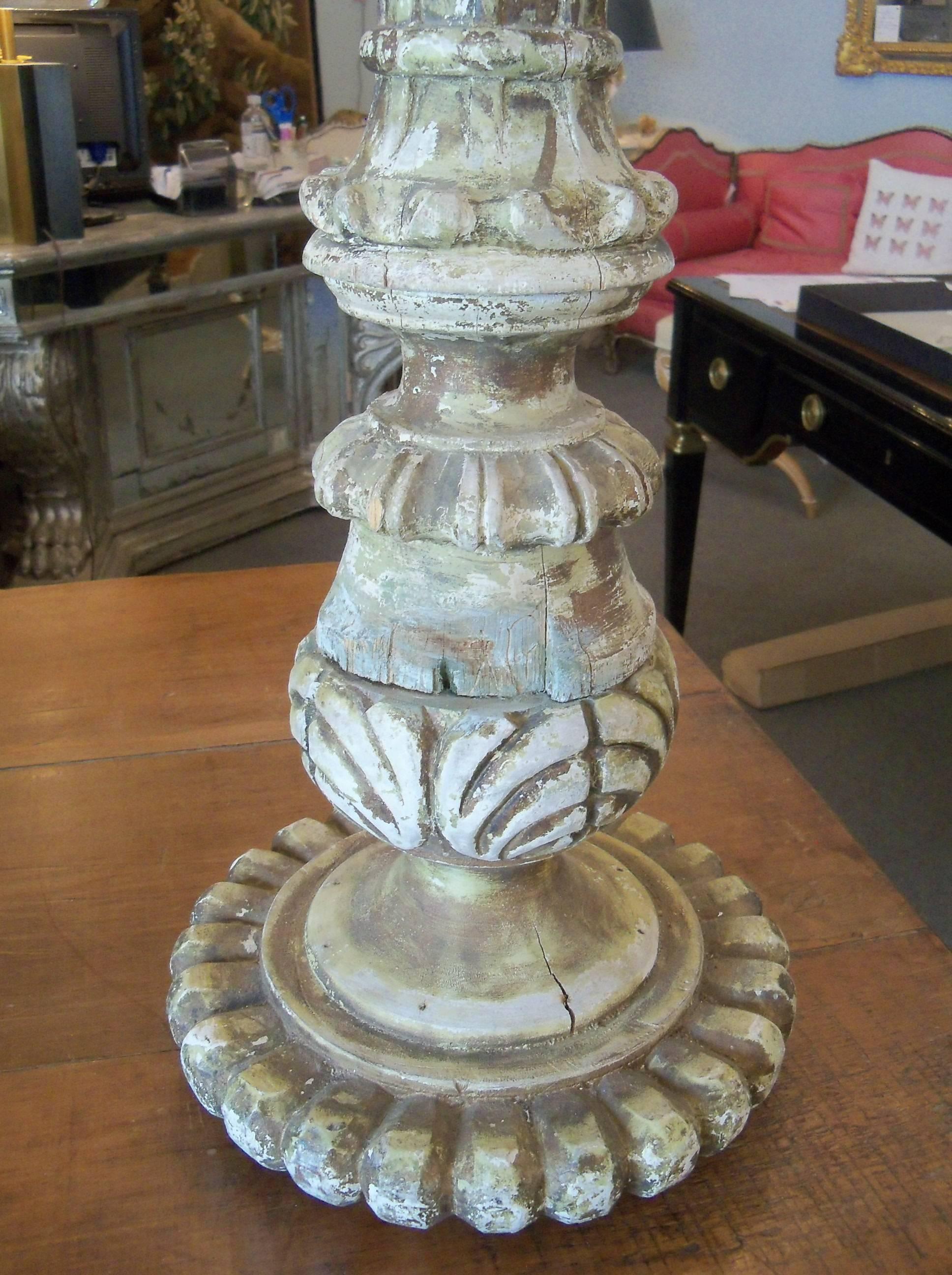 19th Century Italian Carved and Painted Wood Candlestick For Sale 1