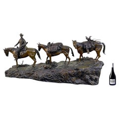 Large Western Pack Train Bronze Signed R. Clark, 60" Wide