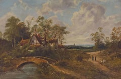 Antique Oil Painting, Landscap, O.T. Clark Sig., English Cottage Bridge, C. 1900