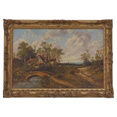 Antique Oil Painting, Landscap, O.T. Clark Sig., English Cottage Bridge, C. 1900