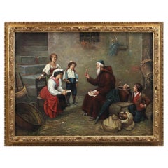 Oil Painting, "A Lesson in Scripture", Framed, After Francesco Bergamini, Vin.