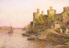 Antique. Aquarelle, grand format, signée par Frank Beswick, 1902, château de Conwy