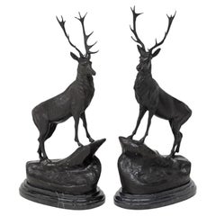 Bronze Stag Sculptures, Patinated, Pair, Large, After Jules Moigniez, Marble Bas