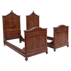 Antique Single Beds, Pair, Italian, Figured Walnut, Cartouche, Dark, 1800s!