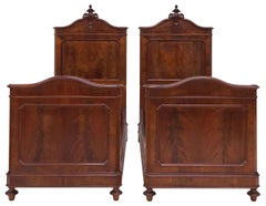 Antique Single Beds, Pair, Italian, Figured Walnut, Cartouche, Dark, 1800s!
